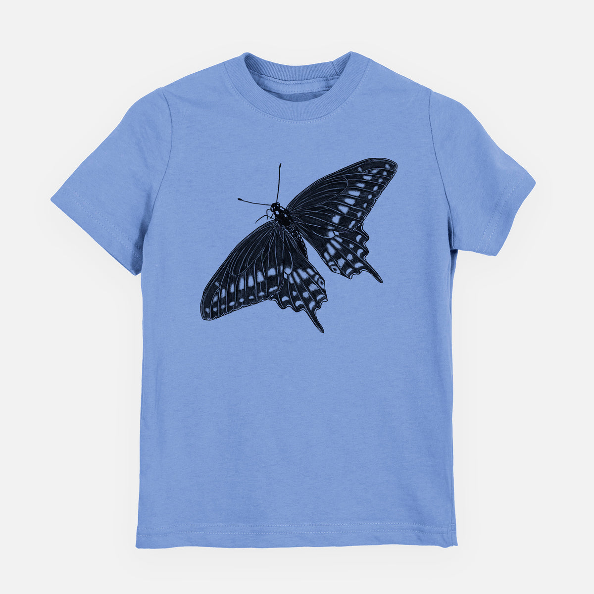 Carolina blue youth t-shirt laid flat, printed with a detailed black ink illustration of a black swallowtail butterfly with its wings spread.