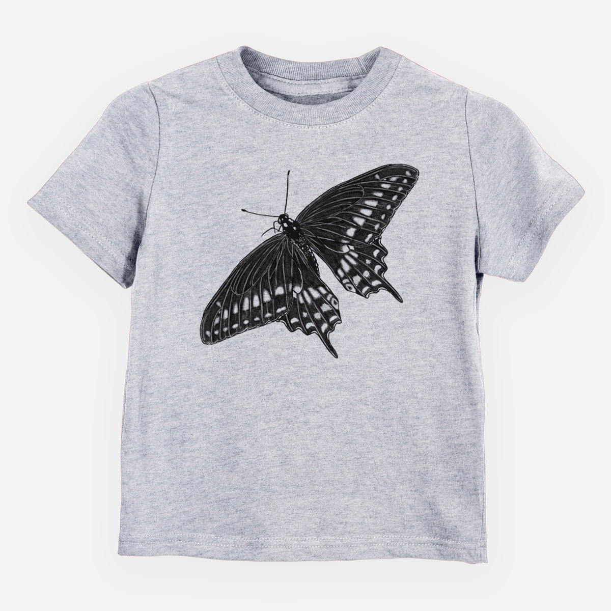 Heather grey toddler t-shirt laid flat, printed with a detailed black ink illustration of a black swallowtail butterfly with its wings spread.