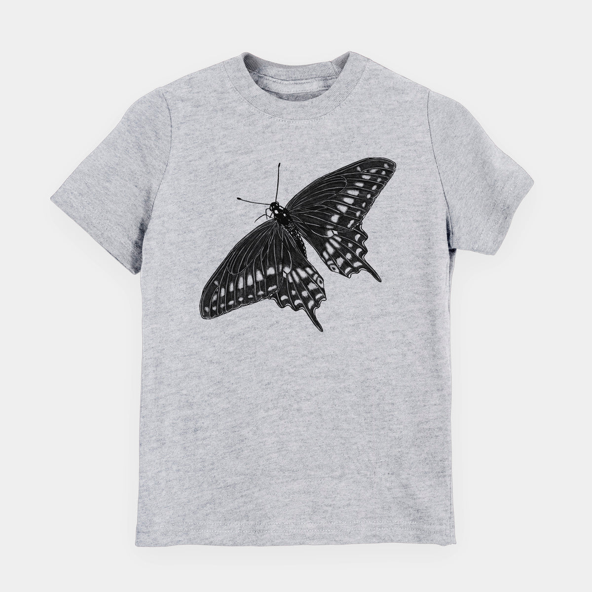 Heather grey youth t-shirt laid flat, printed with a detailed black ink illustration of a black swallowtail butterfly with its wings spread.
