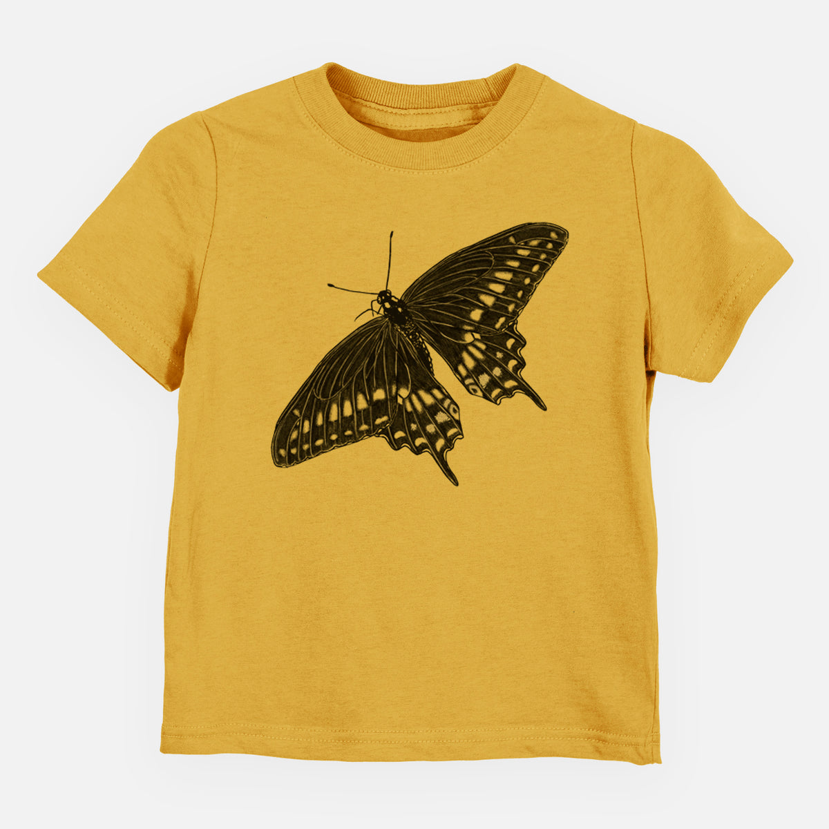 Honeycomb yellow toddler t-shirt laid flat, printed with a detailed black ink illustration of a black swallowtail butterfly with its wings spread.