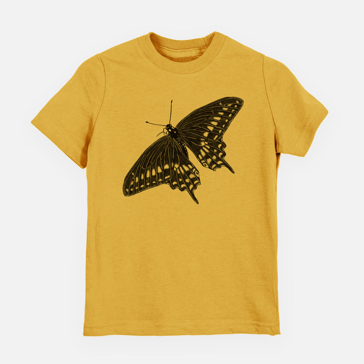 Honeycomb yellow youth t-shirt laid flat, printed with a detailed black ink illustration of a black swallowtail butterfly with its wings spread.