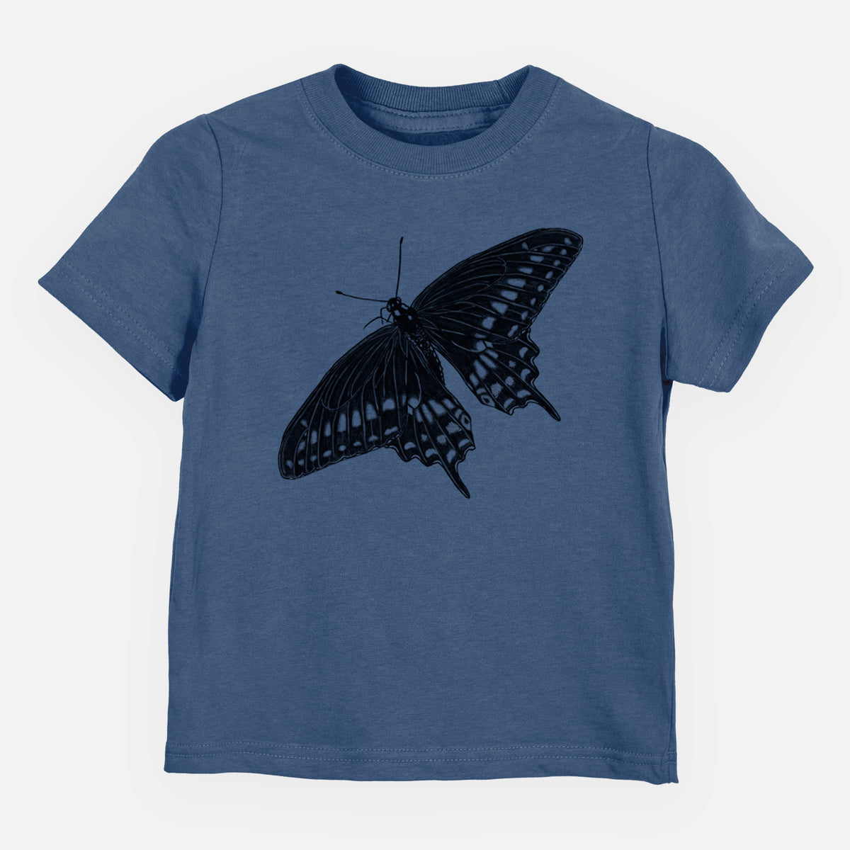 Indigo blue toddler t-shirt laid flat, printed with a detailed black ink illustration of a black swallowtail butterfly with its wings spread.