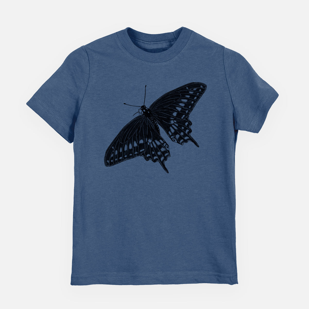 Indigo blue youth t-shirt laid flat, printed with a detailed black ink illustration of a black swallowtail butterfly with its wings spread.