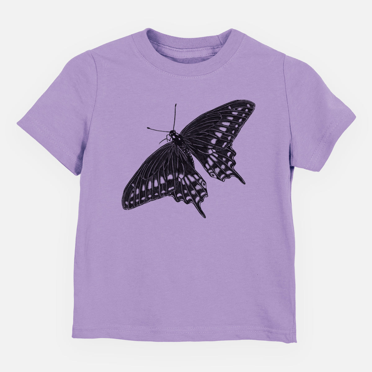 Lavender toddler t-shirt laid flat, printed with a detailed black ink illustration of a black swallowtail butterfly with its wings spread.