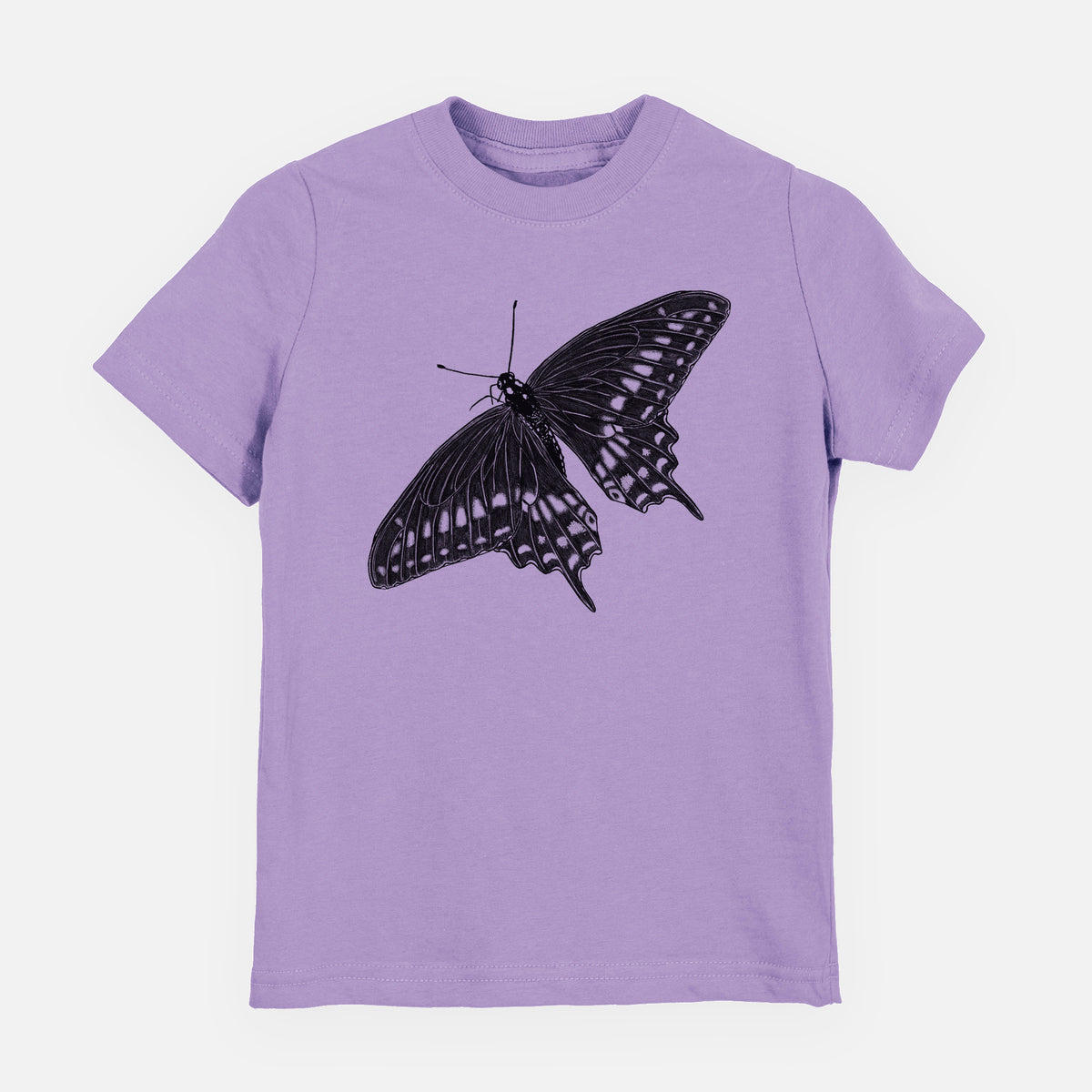 Lavender youth t-shirt laid flat, printed with a detailed black ink illustration of a black swallowtail butterfly with its wings spread.