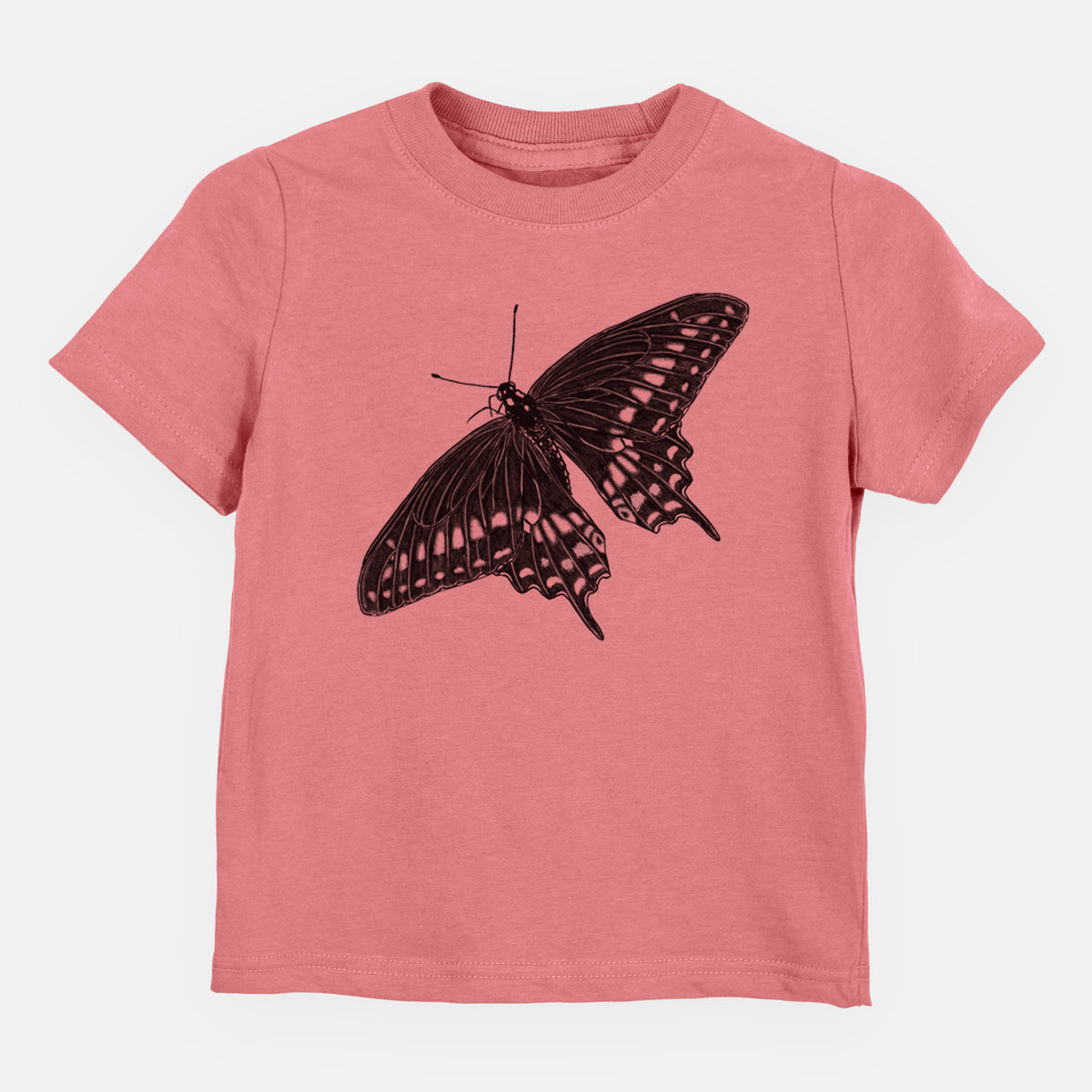 Mauve pink toddler t-shirt laid flat, printed with a detailed black ink illustration of a black swallowtail butterfly with its wings spread.