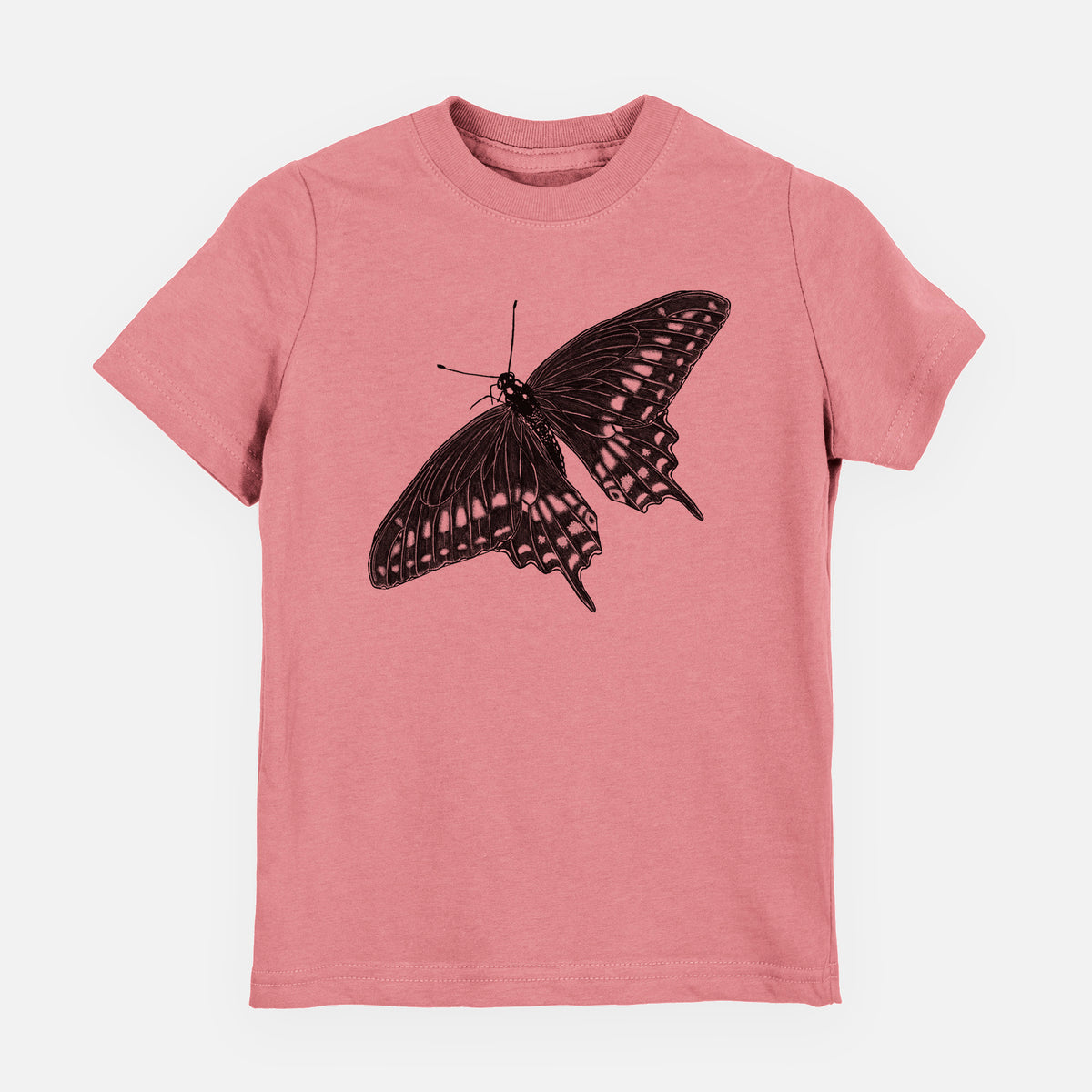 Mauve pink youth t-shirt laid flat, printed with a detailed black ink illustration of a black swallowtail butterfly with its wings spread.