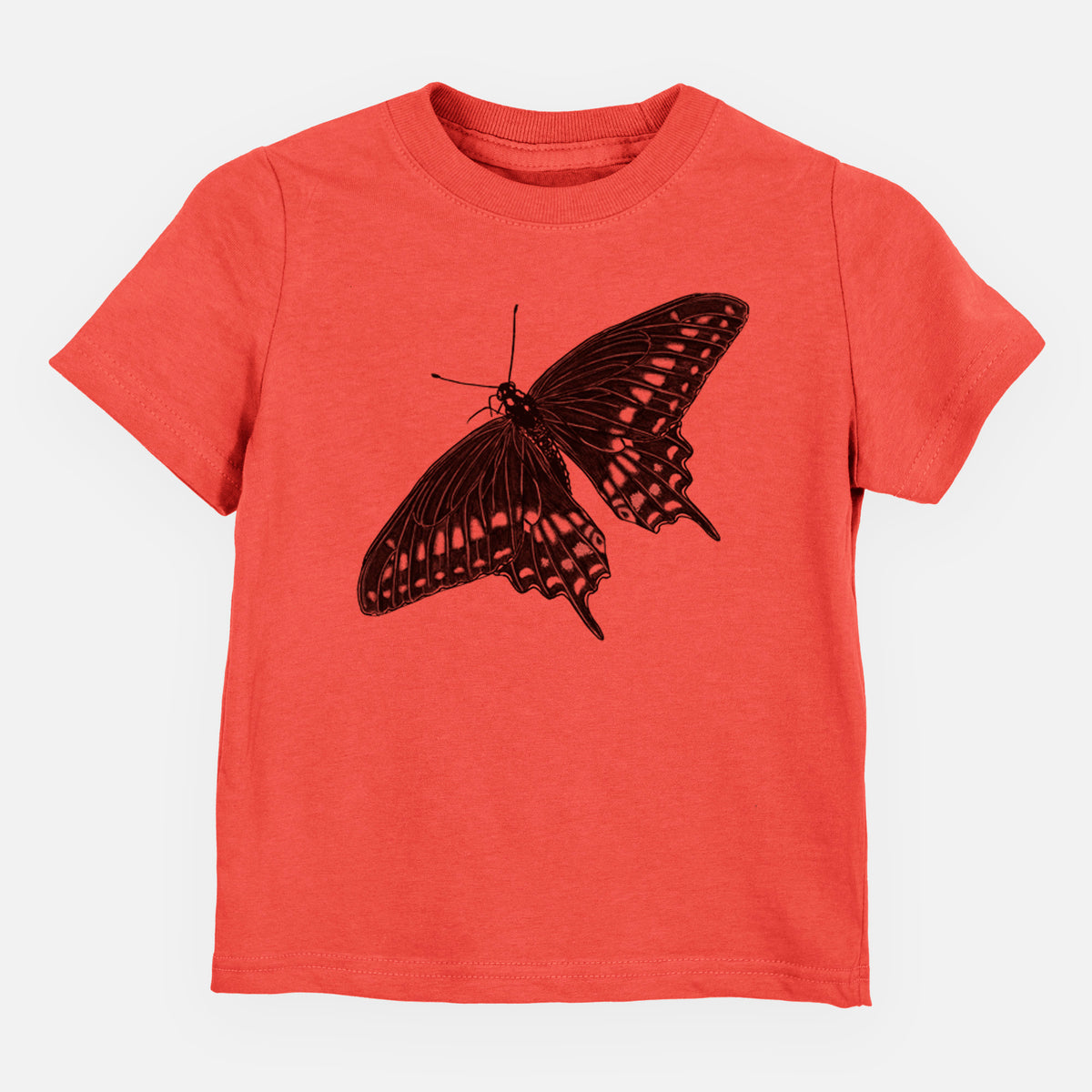 Passionfruit pink toddler t-shirt laid flat, printed with a detailed black ink illustration of a black swallowtail butterfly with its wings spread.