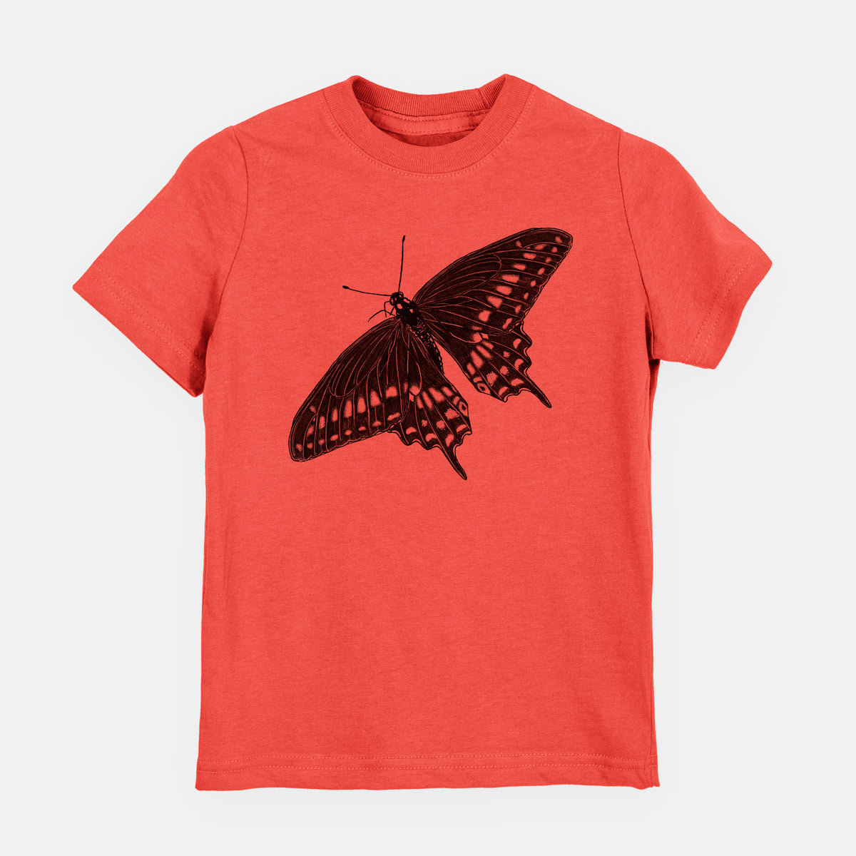 Passionfruit pink youth t-shirt laid flat, printed with a detailed black ink illustration of a black swallowtail butterfly with its wings spread.