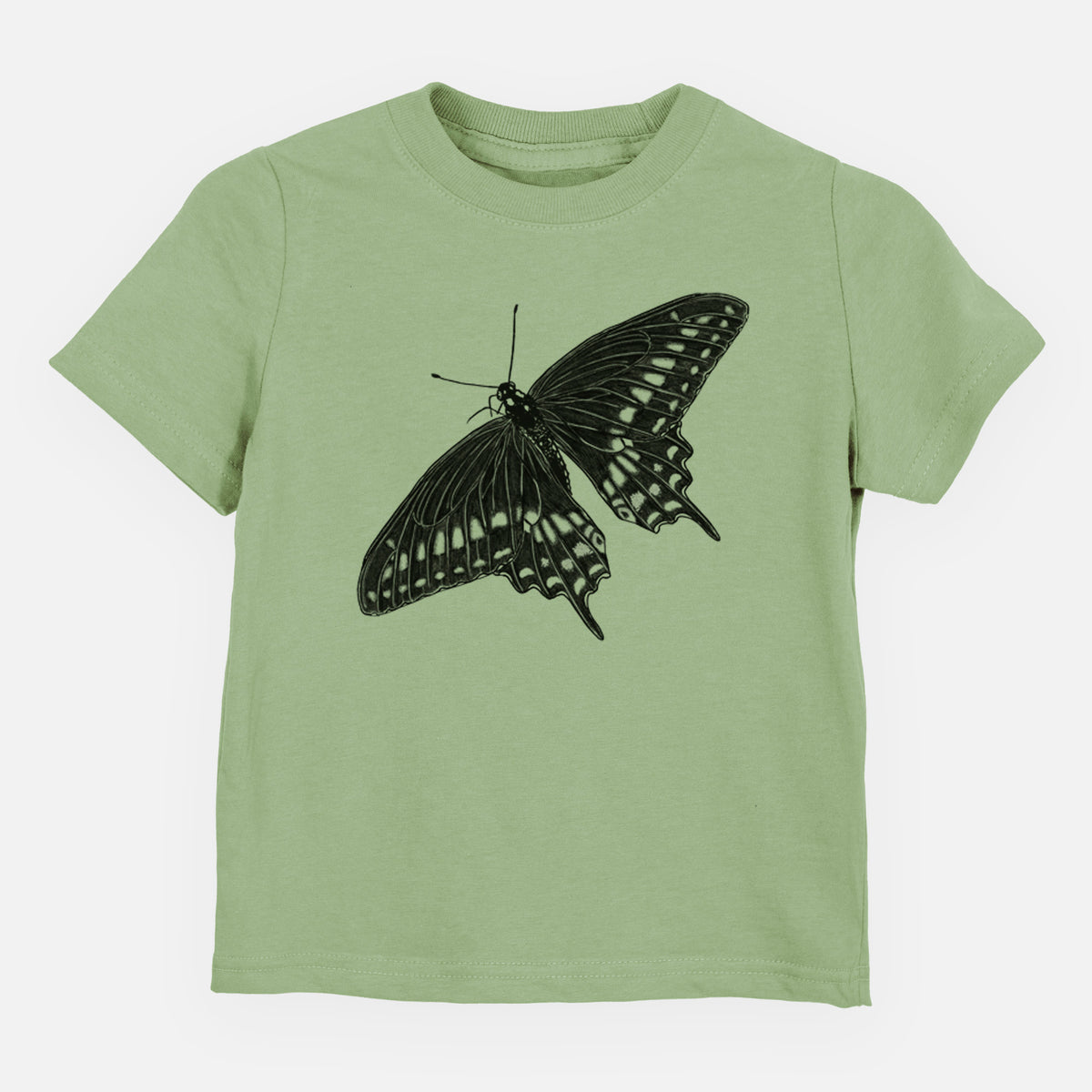 Sage green toddler t-shirt laid flat, printed with a detailed black ink illustration of a black swallowtail butterfly with its wings spread.