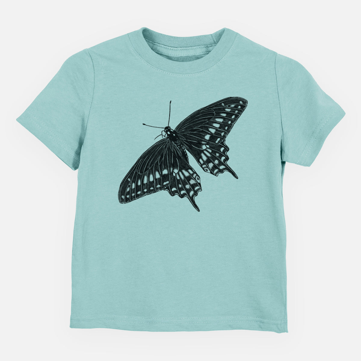 Saltwater toddler t-shirt laid flat, printed with a detailed black ink illustration of a black swallowtail butterfly with its wings spread.