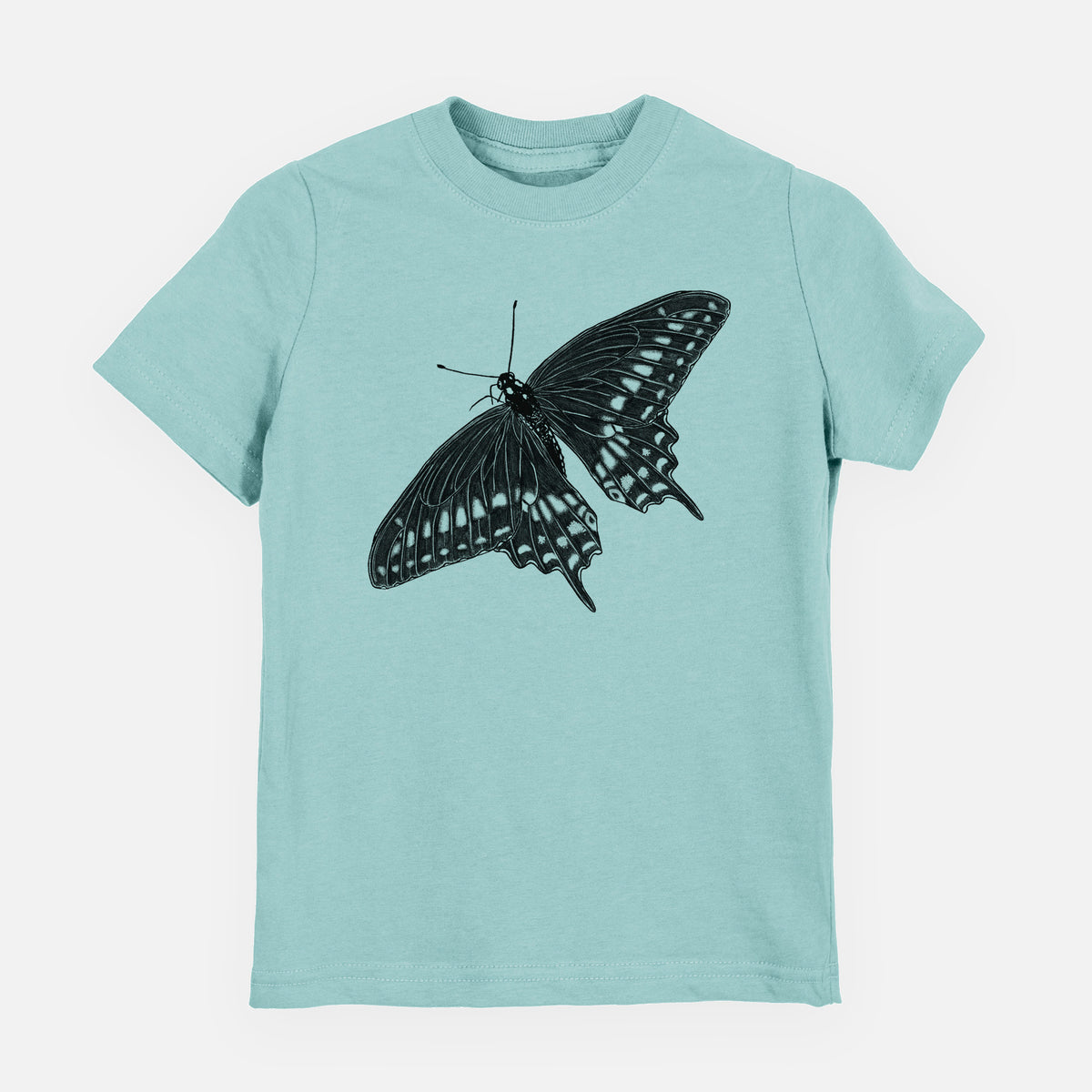 Saltwater youth t-shirt laid flat, printed with a detailed black ink illustration of a black swallowtail butterfly with its wings spread.