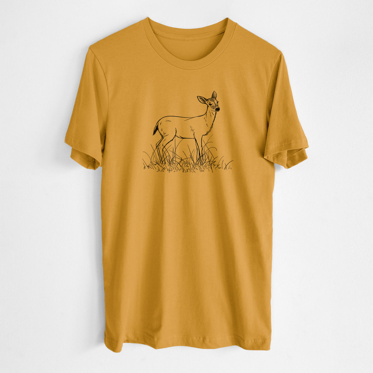 Honeycomb yellow lightweight cotton t-shirt laid flat, printed with a black ink sketch of a black-tailed deer standing in tall grass.
