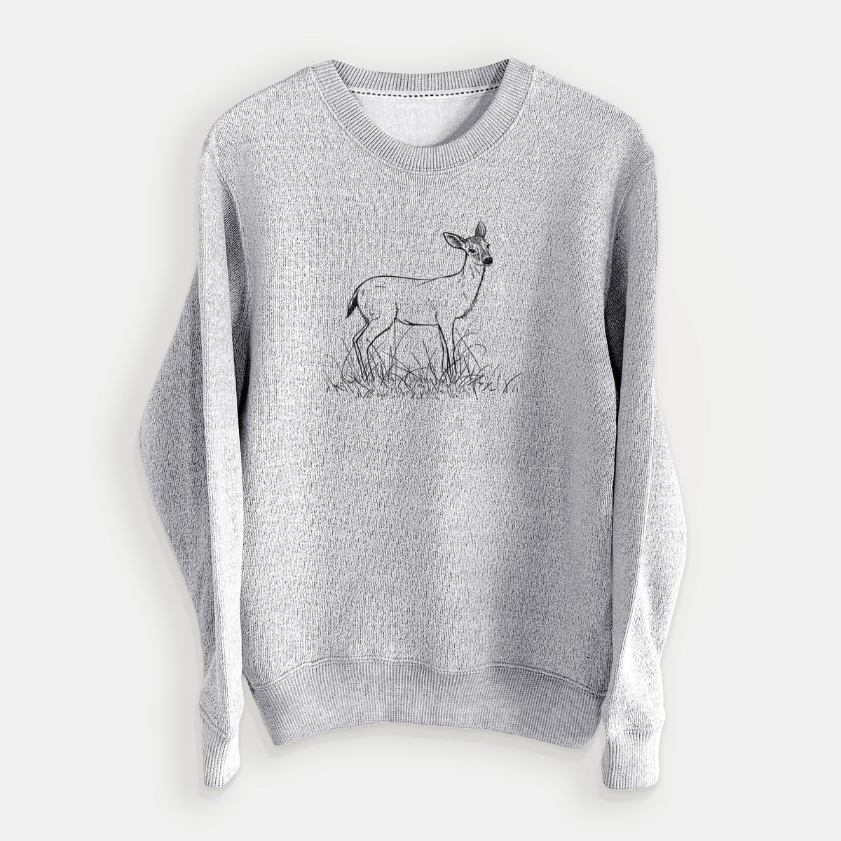 Salt and pepper knit sweatshirt laid flat, printed with a black ink sketch of a black-tailed deer standing in tall grass.