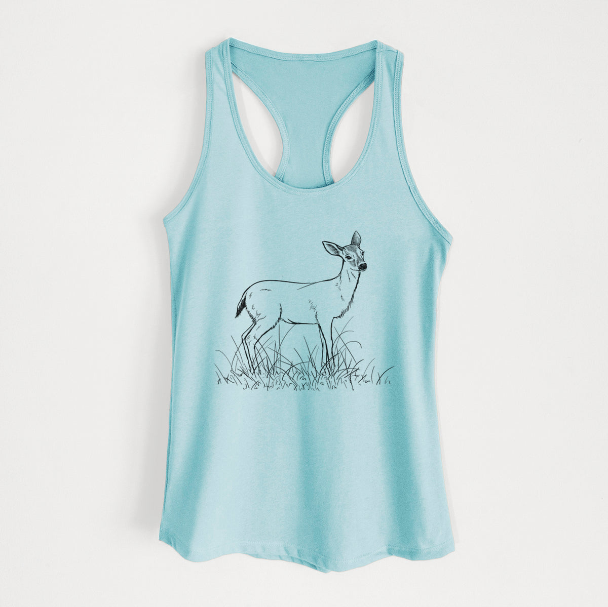 Cancun blue women's racerback tank top laid flat, printed with a black ink sketch of a black-tailed deer standing in tall grass.