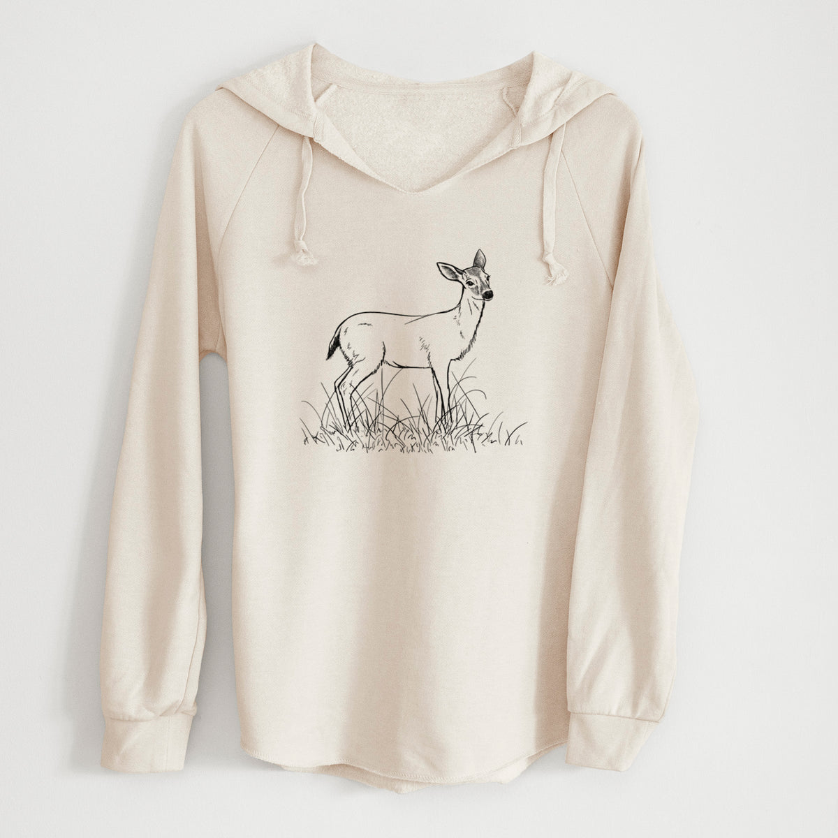 Bone cream women's Cali Wave hooded sweatshirt laid flat, printed with a black ink sketch of a black-tailed deer standing in tall grass.