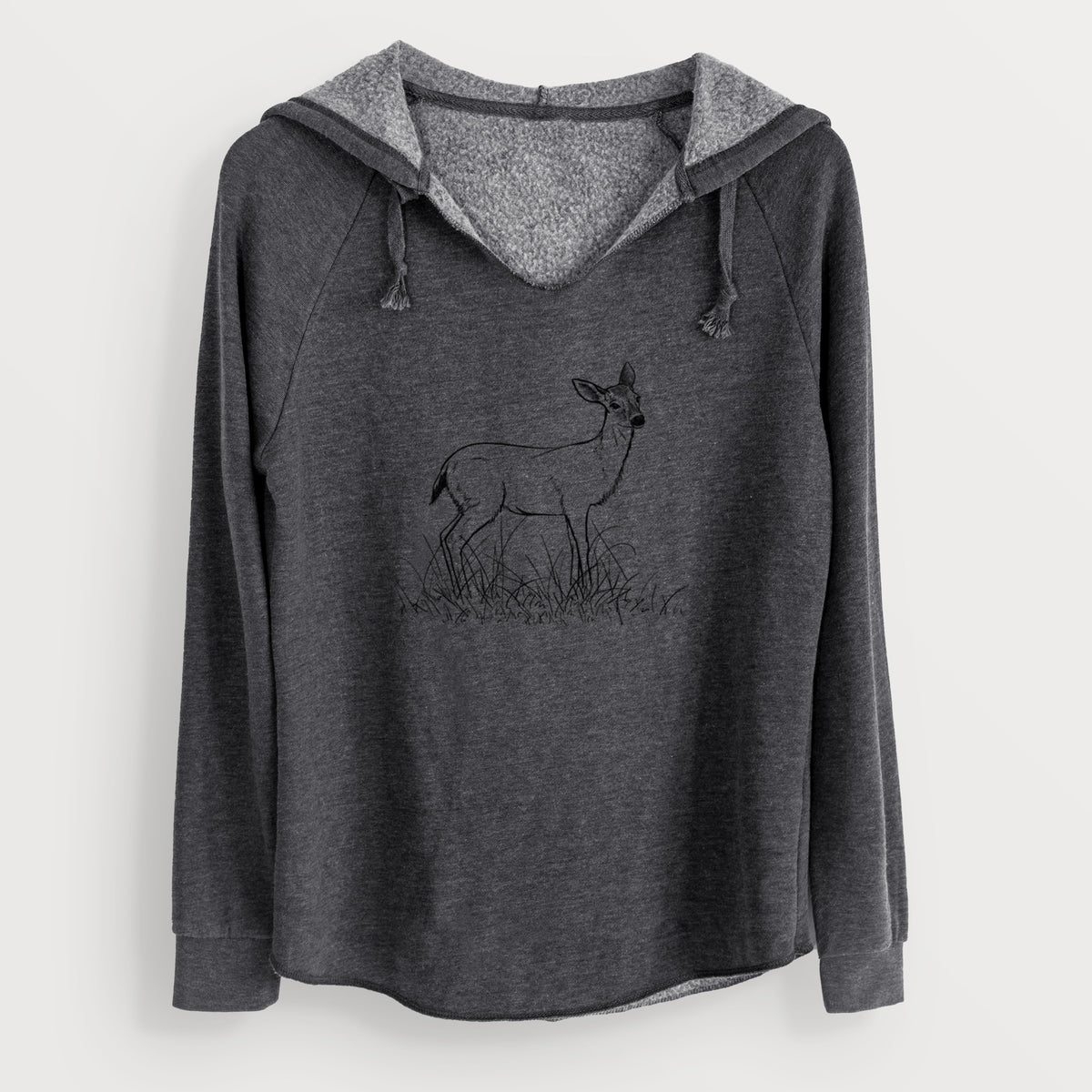 Charcoal grey women's Cali Wave hooded sweatshirt laid flat, printed with a black ink sketch of a black-tailed deer standing in tall grass.
