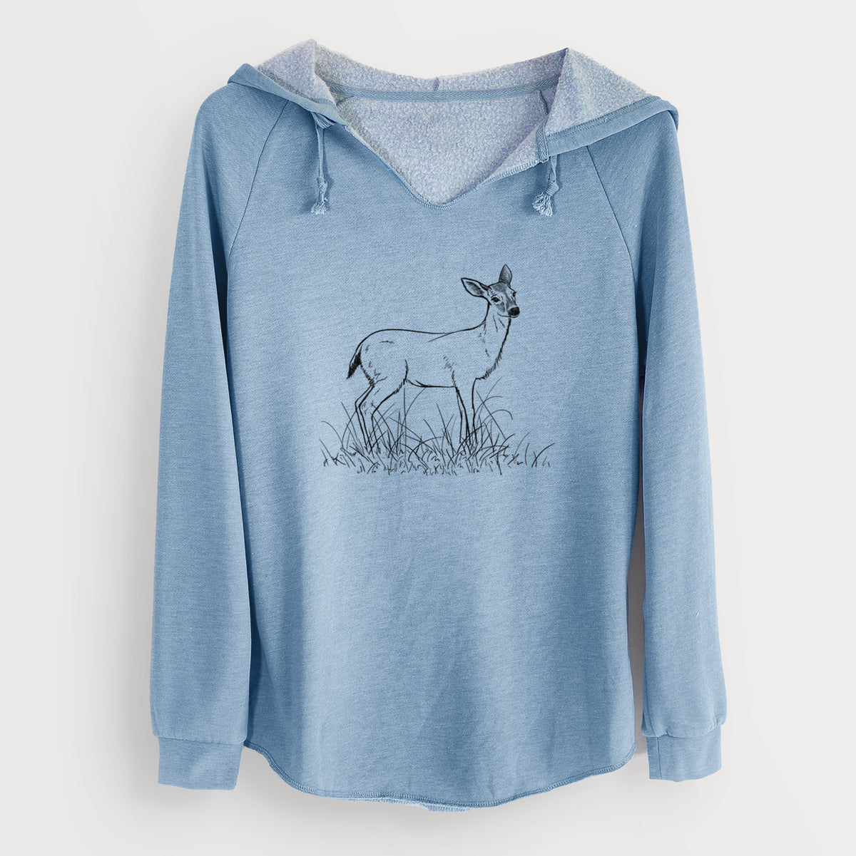 Misty blue women's Cali Wave hooded sweatshirt laid flat, printed with a black ink sketch of a black-tailed deer standing in tall grass.