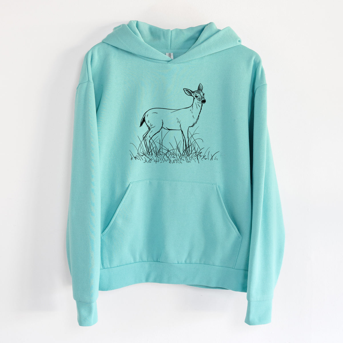 Black-tailed Deer Doe - Odocoileus hemionus hemionus - Statement Midweight Hoodie in Seafoam, hanging on a white wall, with a front kangaroo pocket and no drawcords.