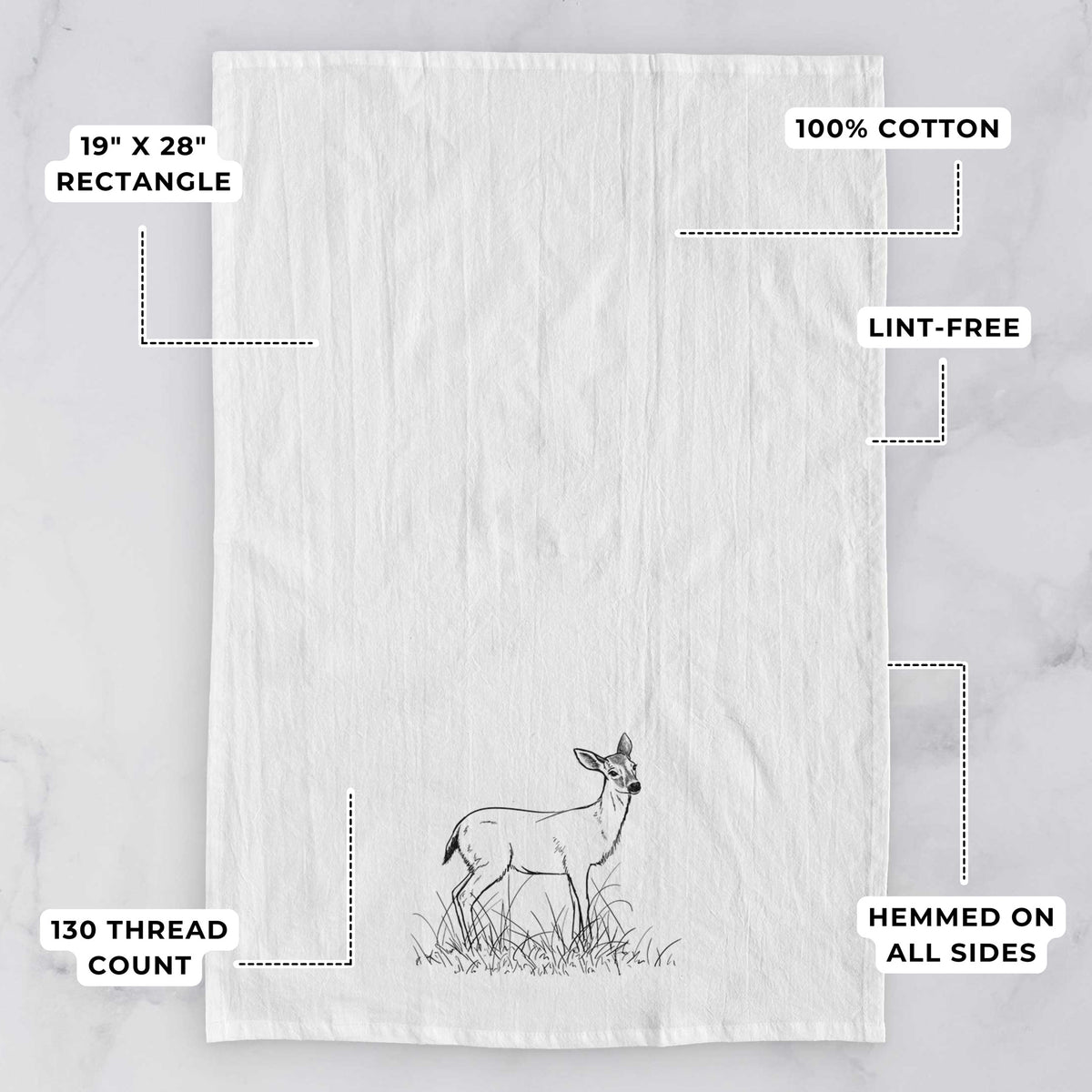 White tea towel printed with a black ink sketch of a black-tailed deer standing in tall grass, with feature labels: 19 by 28 inch rectangle, 100% cotton, lint-free, 130 thread count, hemmed on all sides.