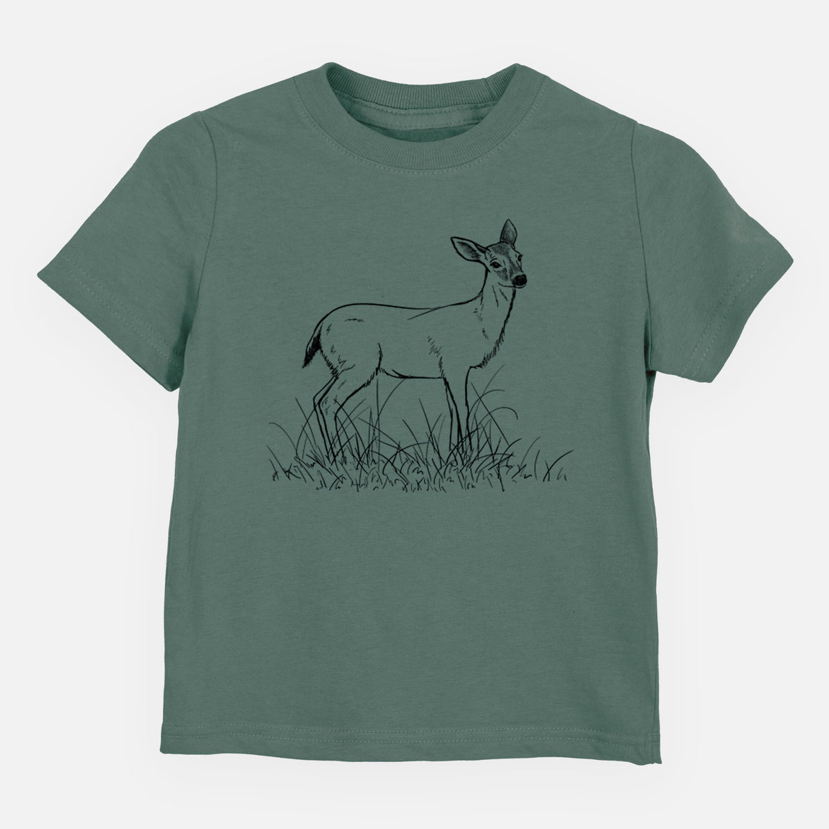Basil green toddler t-shirt laid flat, printed with a black ink sketch of a black-tailed deer standing in tall grass.