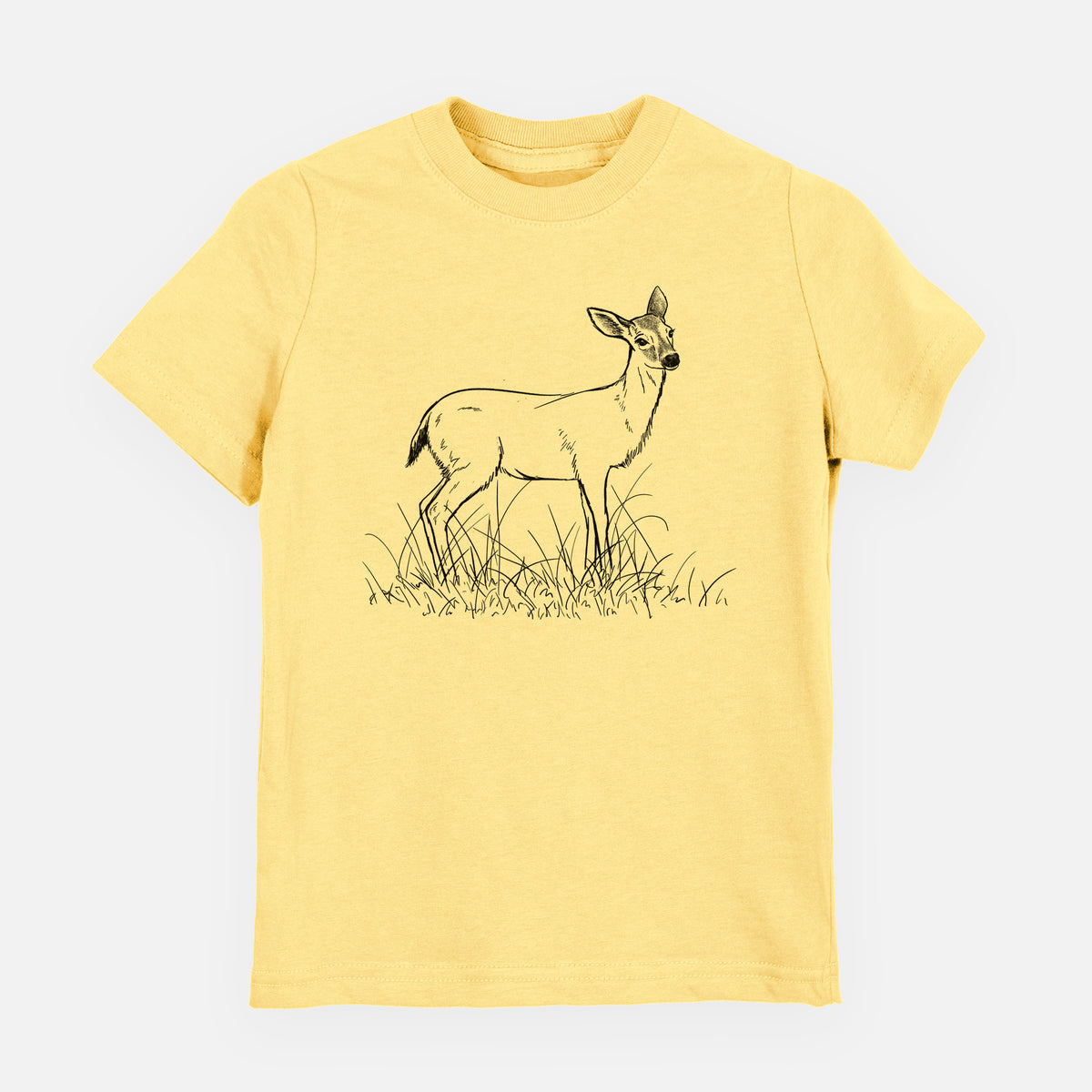 Butter yellow youth t-shirt laid flat, printed with a black ink sketch of a black-tailed deer standing in tall grass.