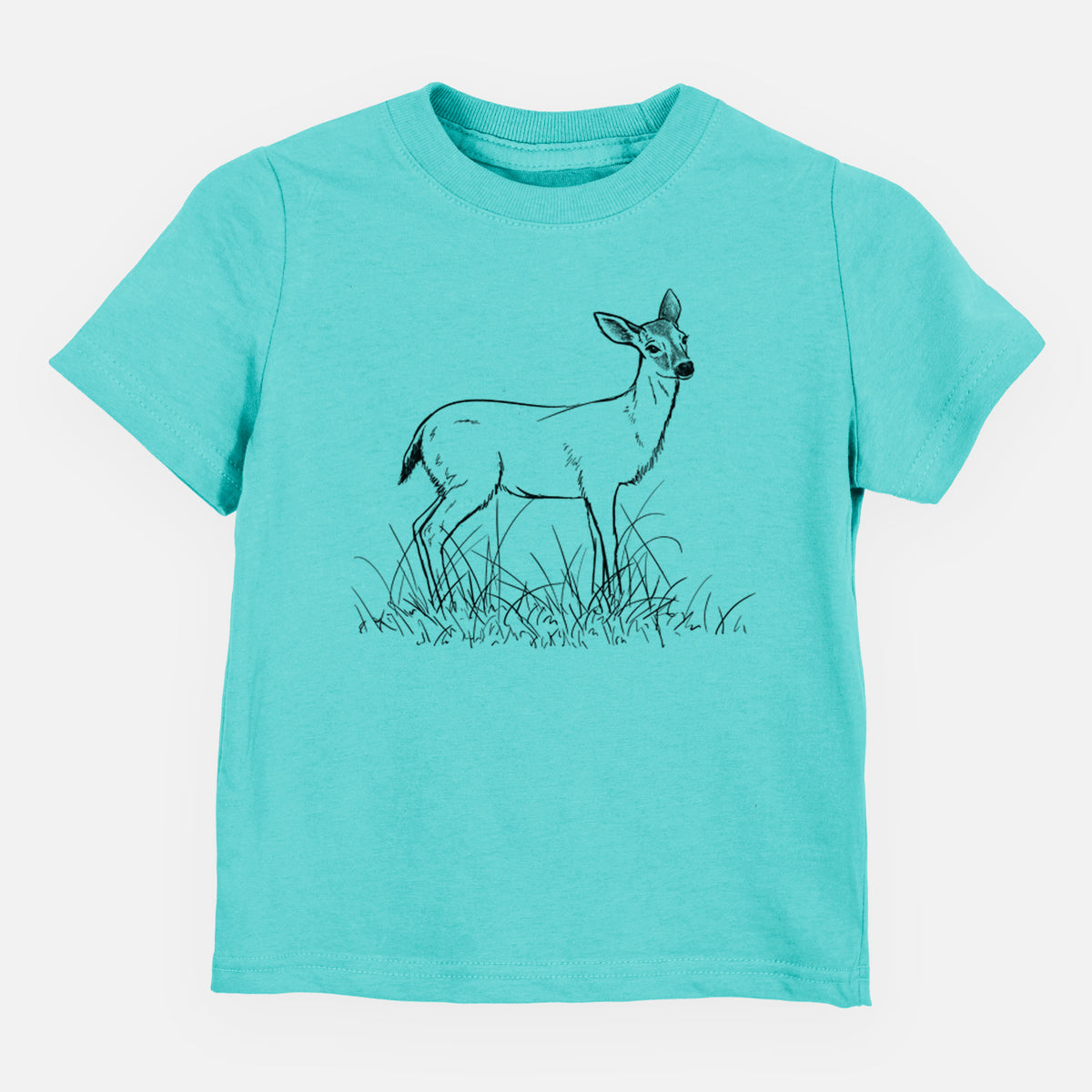 Caribbean blue toddler t-shirt laid flat, printed with a black ink sketch of a black-tailed deer standing in tall grass.