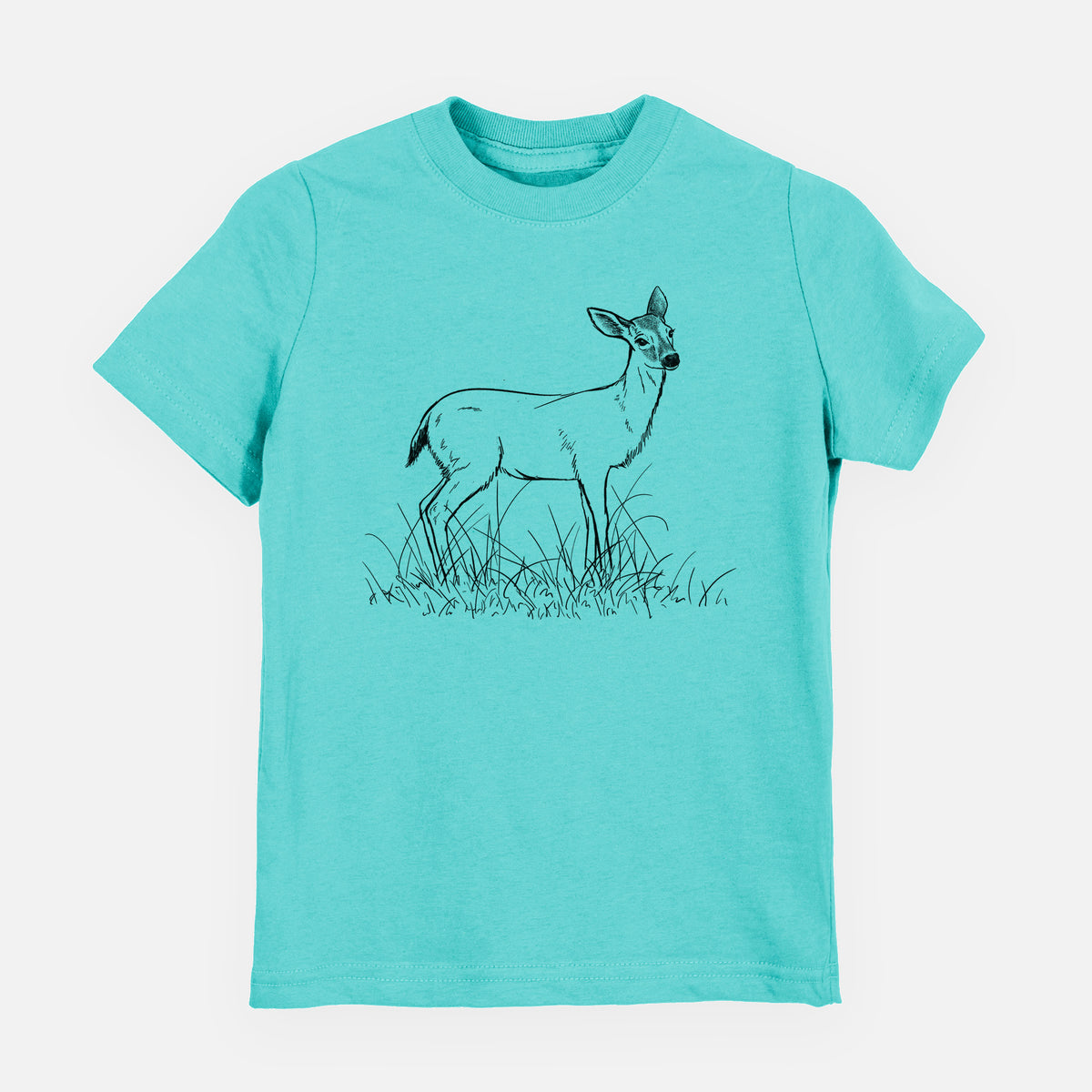 Caribbean blue youth t-shirt laid flat, printed with a black ink sketch of a black-tailed deer standing in tall grass.