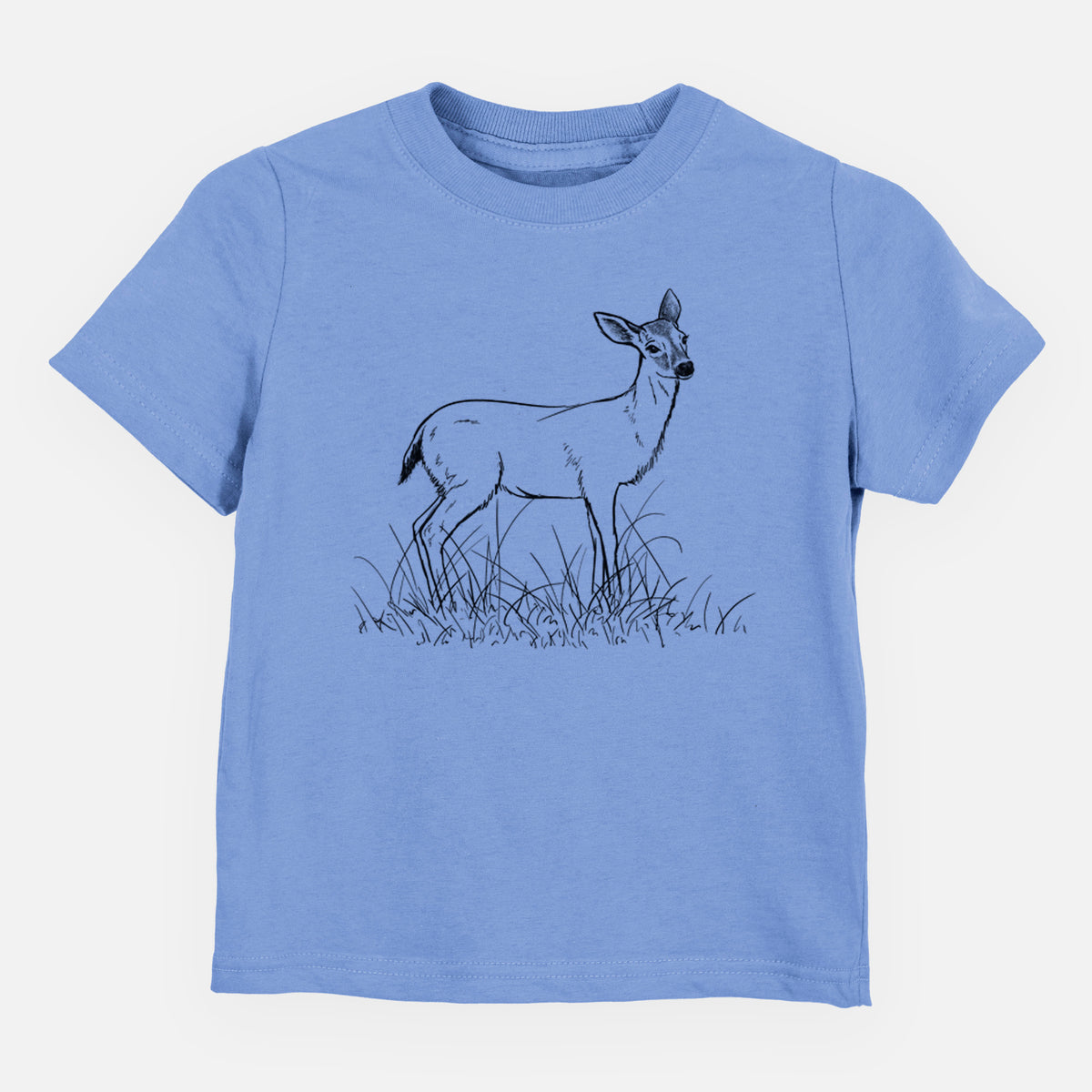 Carolina blue toddler t-shirt laid flat, printed with a black ink sketch of a black-tailed deer standing in tall grass.
