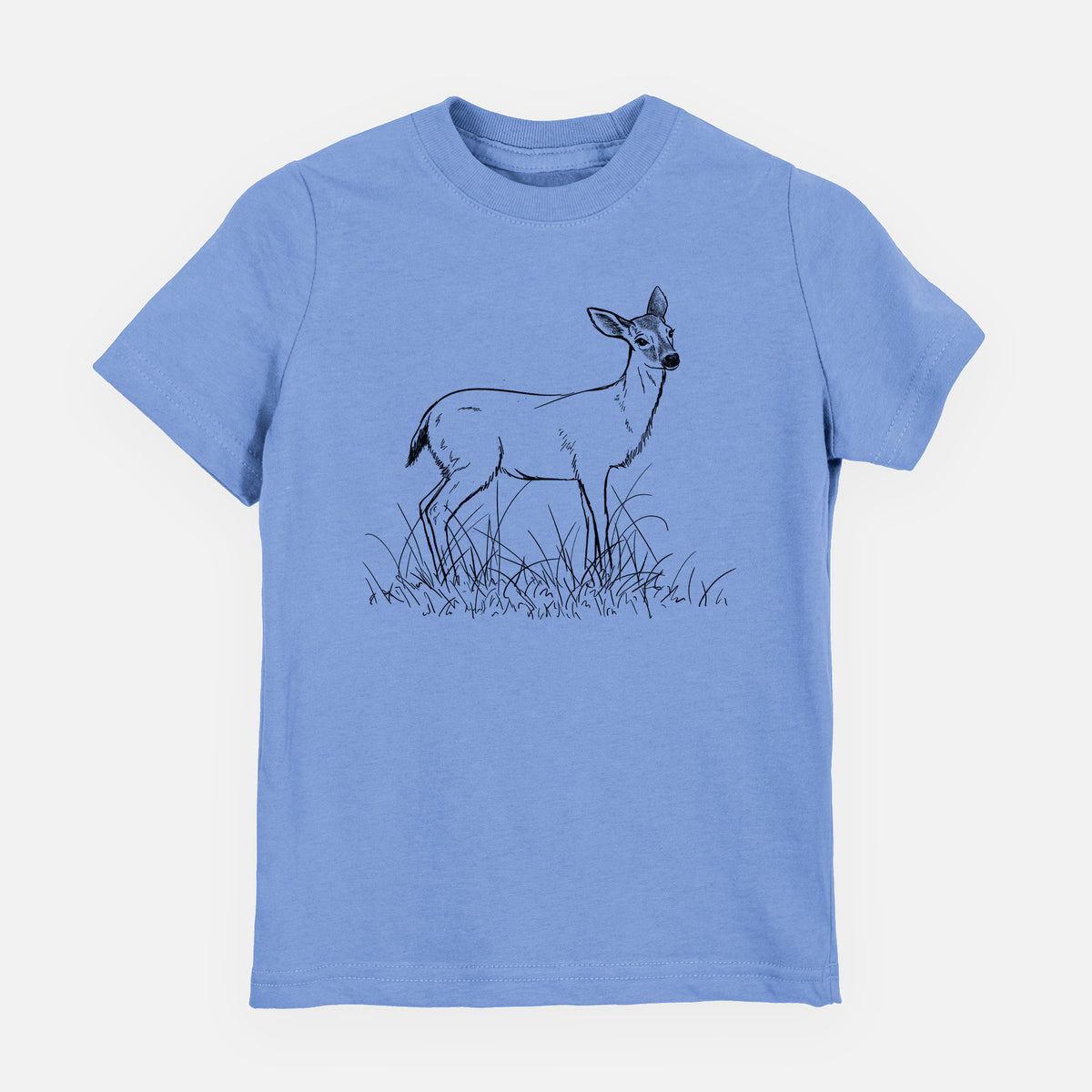 Carolina blue youth t-shirt laid flat, printed with a black ink sketch of a black-tailed deer standing in tall grass.