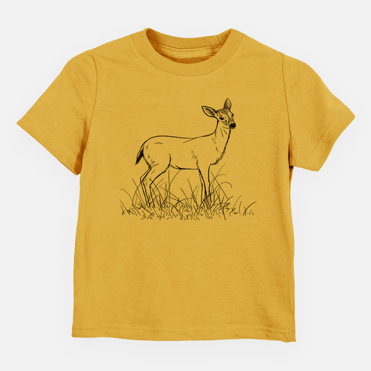 Honeycomb yellow toddler t-shirt laid flat, printed with a black ink sketch of a black-tailed deer standing in tall grass.
