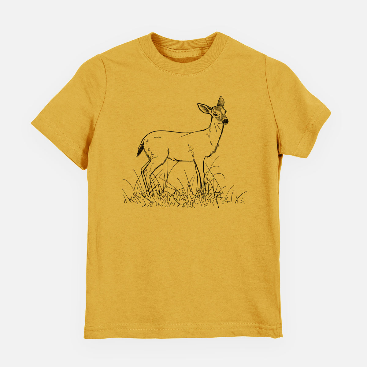 Honeycomb yellow youth t-shirt laid flat, printed with a black ink sketch of a black-tailed deer standing in tall grass.