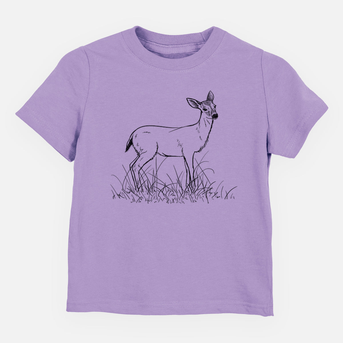 Lavender toddler t-shirt laid flat, printed with a black ink sketch of a black-tailed deer standing in tall grass.