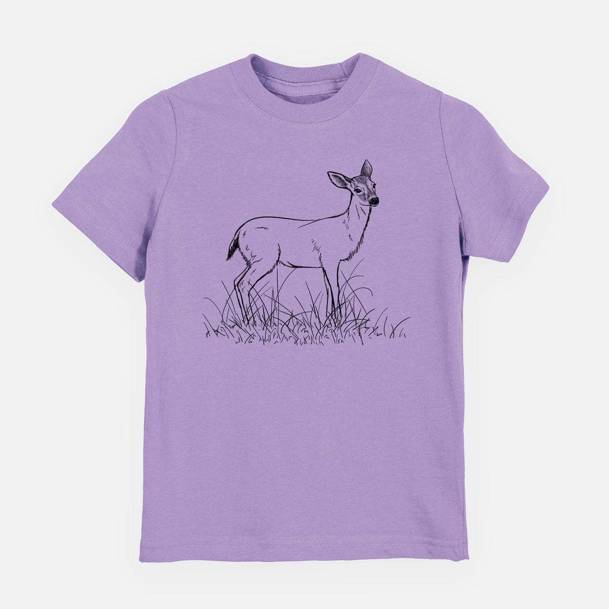 Lavender youth t-shirt laid flat, printed with a black ink sketch of a black-tailed deer standing in tall grass.