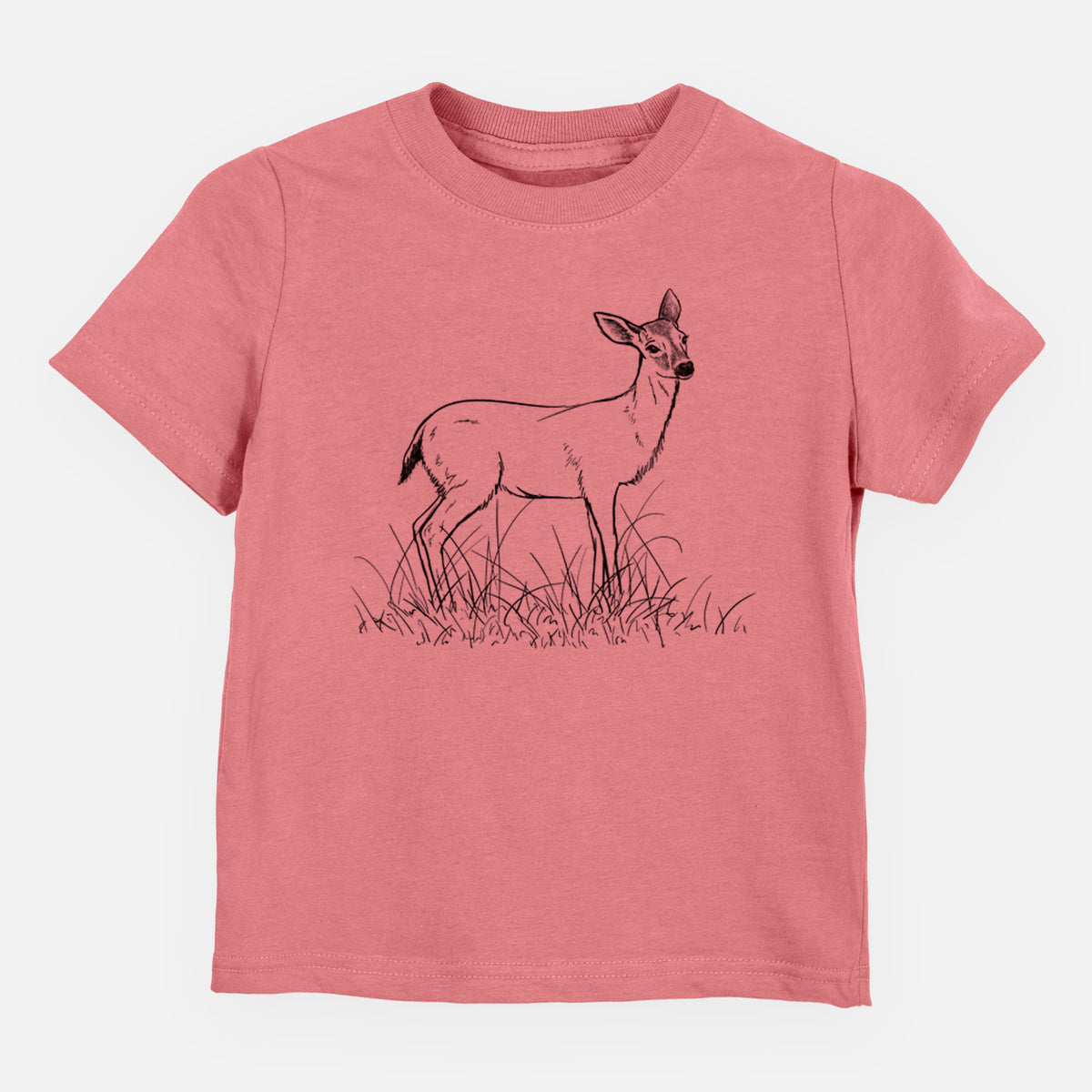 Mauve pink toddler t-shirt laid flat, printed with a black ink sketch of a black-tailed deer standing in tall grass.