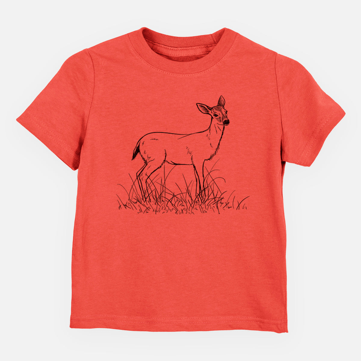Passionfruit pink toddler t-shirt laid flat, printed with a black ink sketch of a black-tailed deer standing in tall grass.