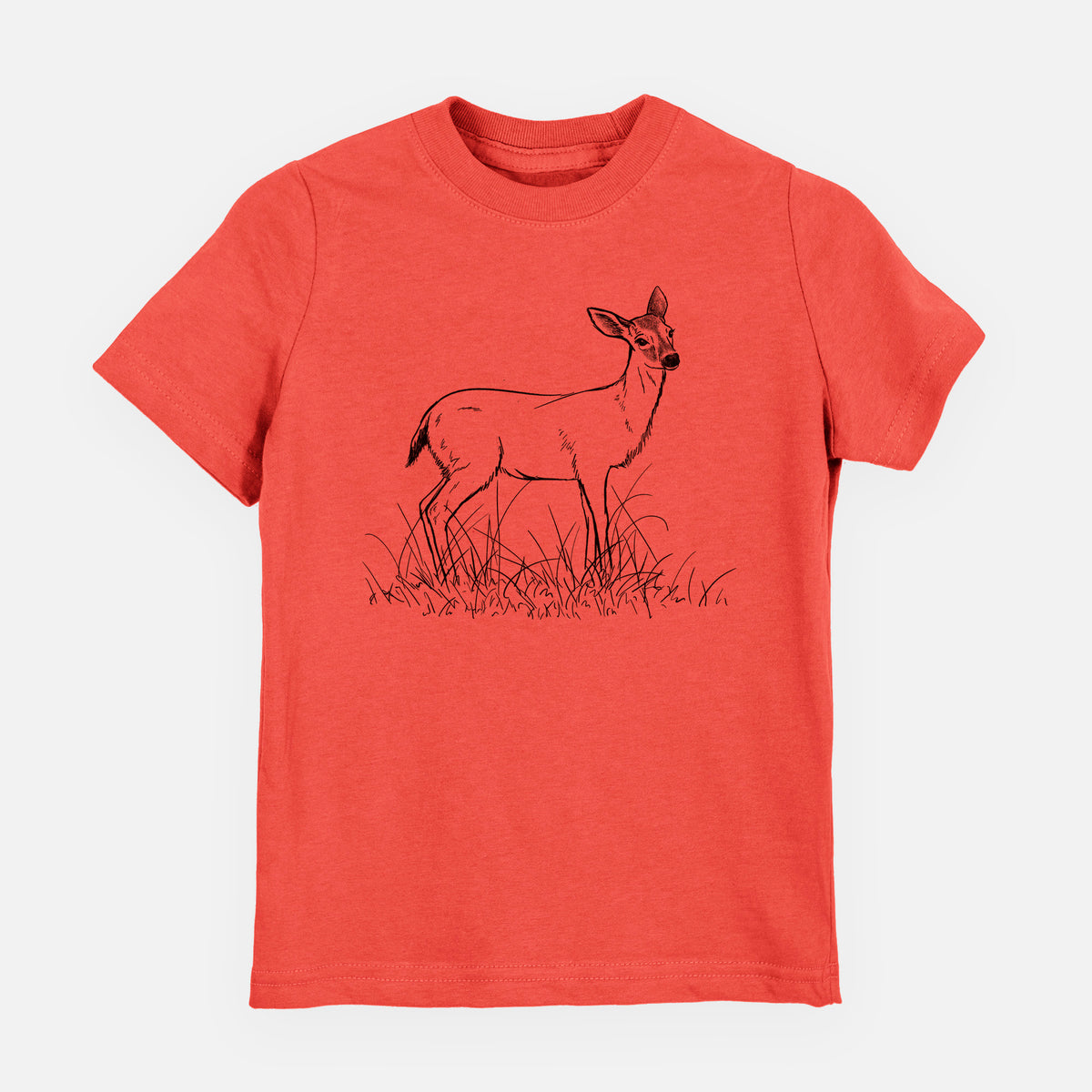 Passionfruit pink youth t-shirt laid flat, printed with a black ink sketch of a black-tailed deer standing in tall grass.