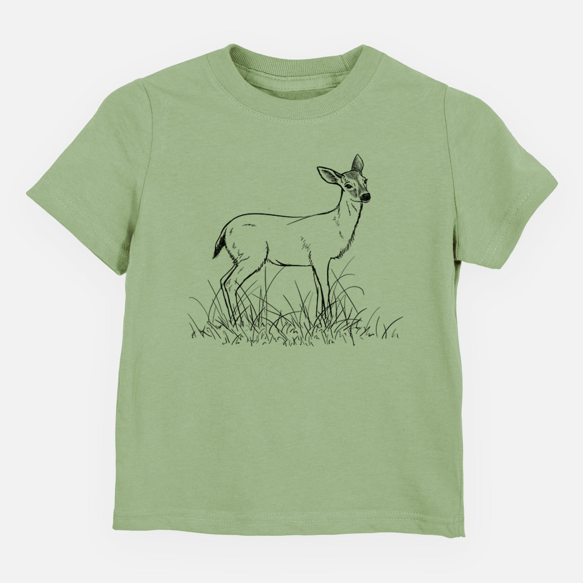 Sage green toddler t-shirt laid flat, printed with a black ink sketch of a black-tailed deer standing in tall grass.
