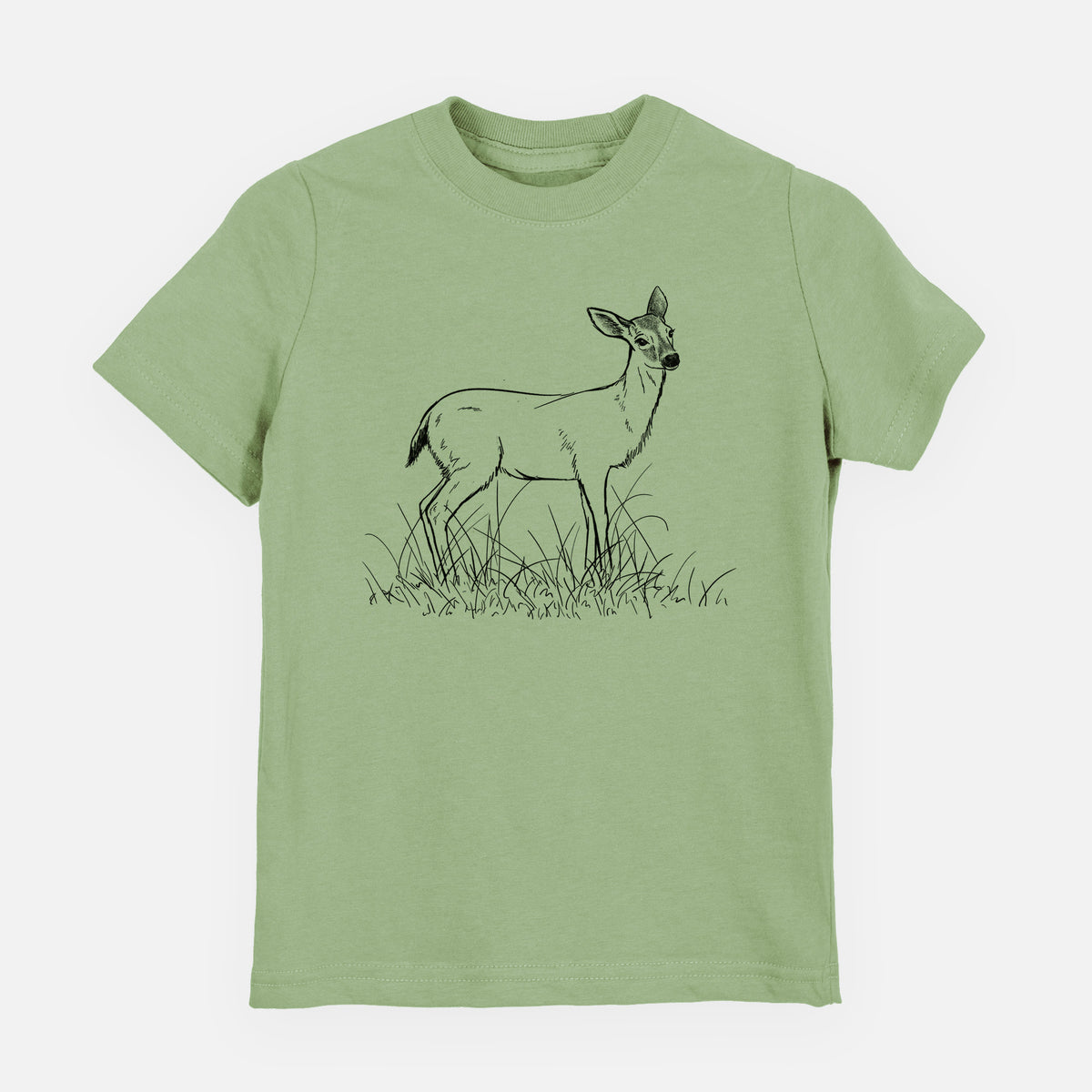 Sage green youth t-shirt laid flat, printed with a black ink sketch of a black-tailed deer standing in tall grass.