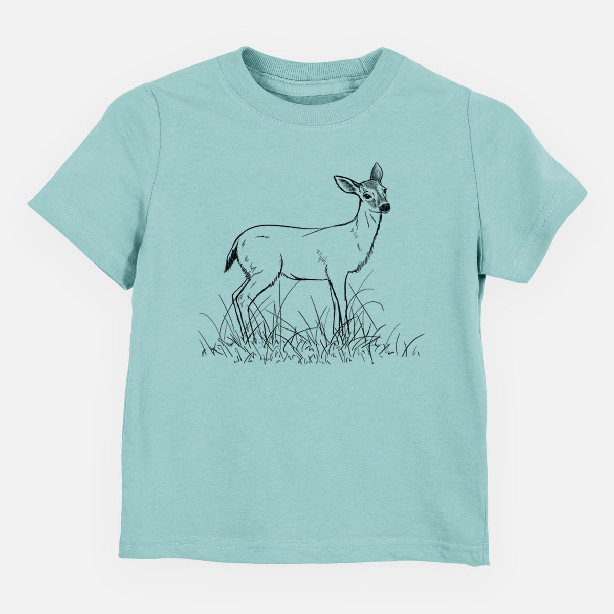 Saltwater toddler t-shirt laid flat, printed with a black ink sketch of a black-tailed deer standing in tall grass.