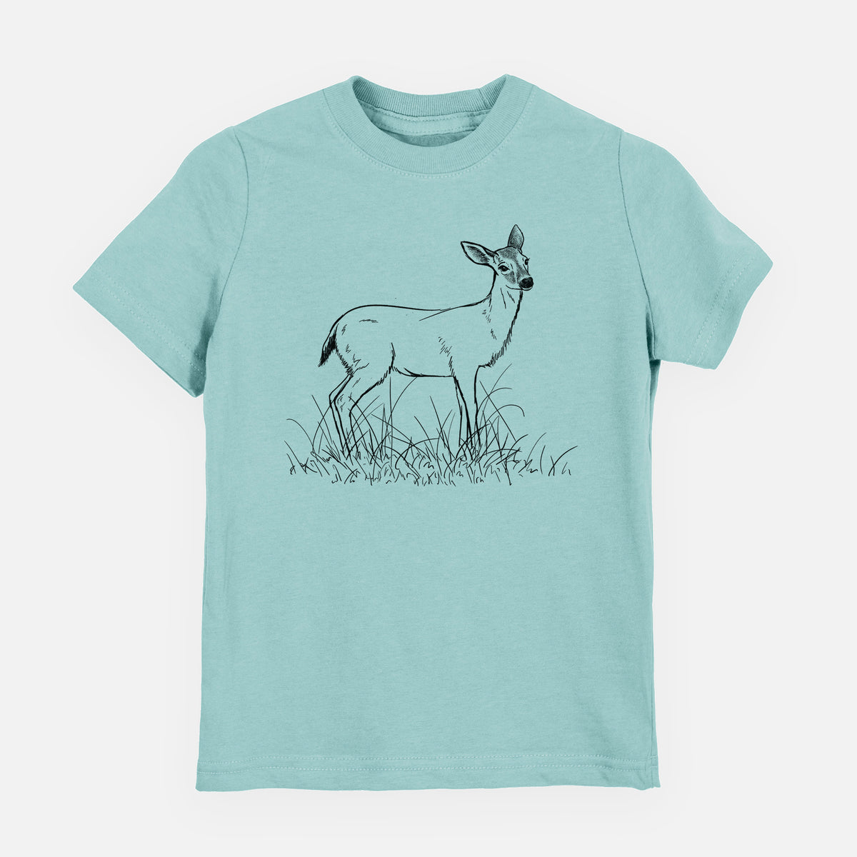 Saltwater youth t-shirt laid flat, printed with a black ink sketch of a black-tailed deer standing in tall grass.