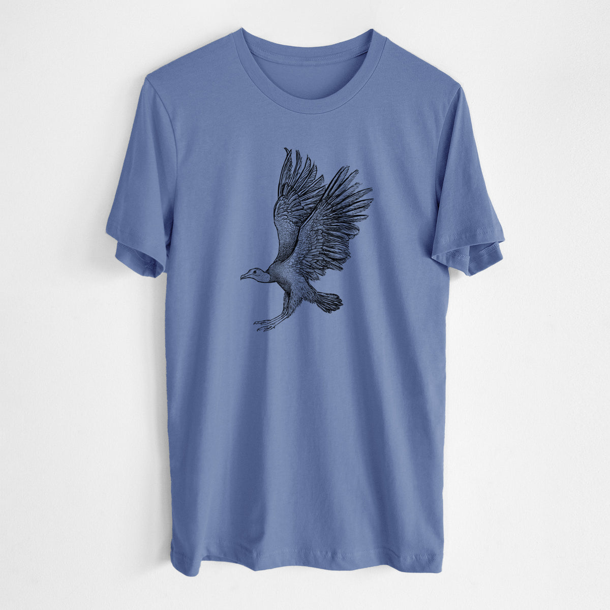 Blue bell lightweight cotton t-shirt laid flat, printed with a detailed black ink illustration of a black vulture landing with its wings spread.