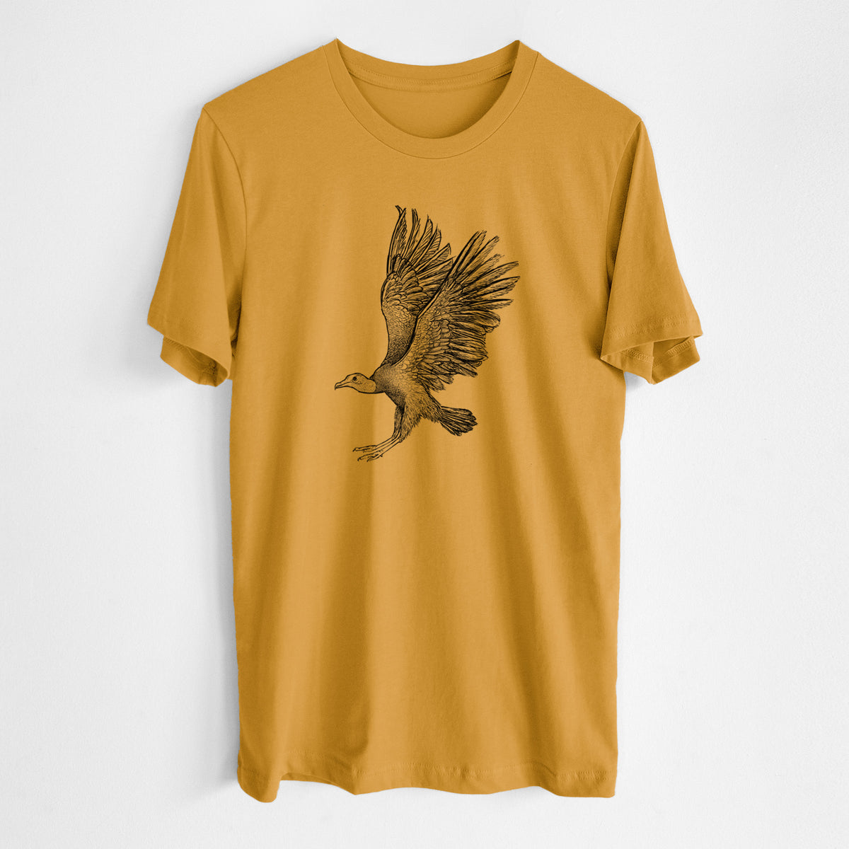 Honeycomb yellow lightweight cotton t-shirt laid flat, printed with a detailed black ink illustration of a black vulture landing with its wings spread.