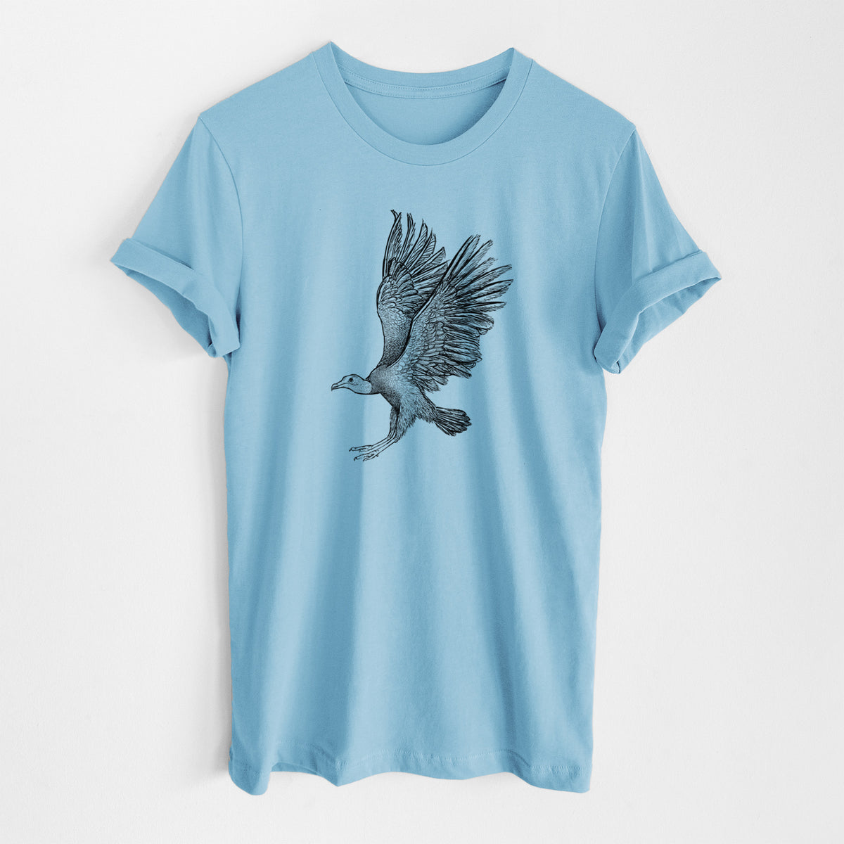 Ocean blue lightweight cotton t-shirt laid flat, printed with a detailed black ink illustration of a black vulture landing with its wings spread.