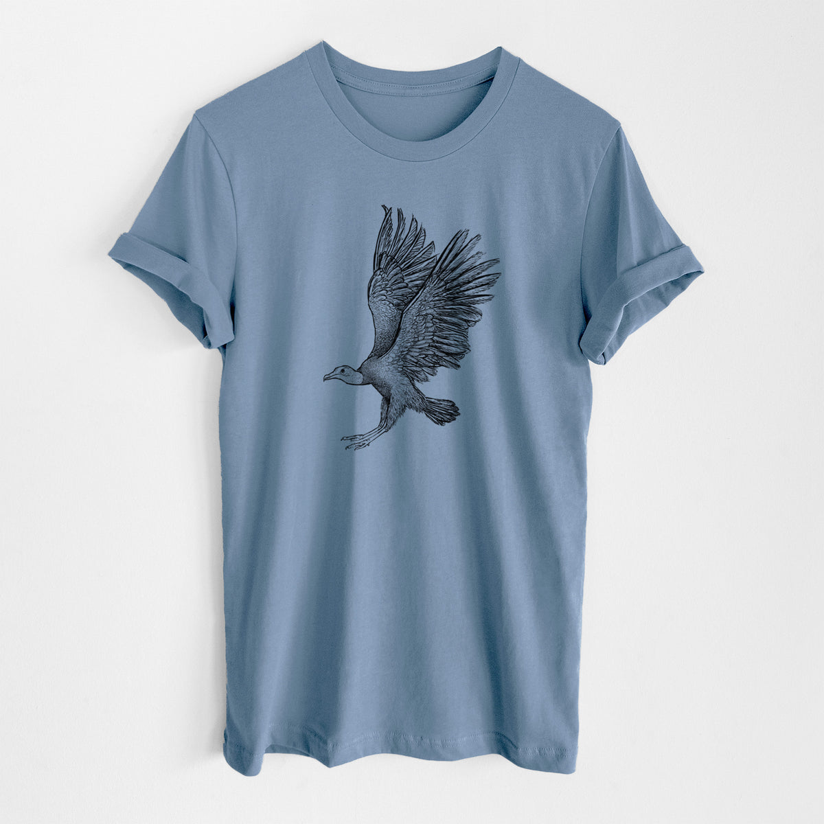 Steel blue lightweight cotton t-shirt laid flat, printed with a detailed black ink illustration of a black vulture landing with its wings spread.