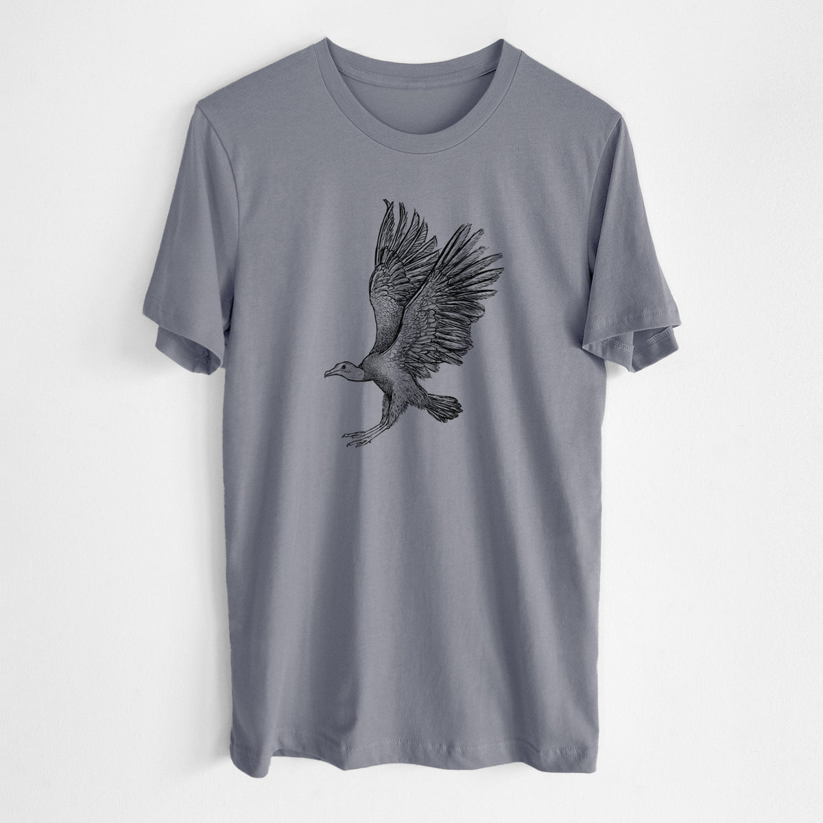 Storm grey lightweight cotton t-shirt laid flat, printed with a detailed black ink illustration of a black vulture landing with its wings spread.