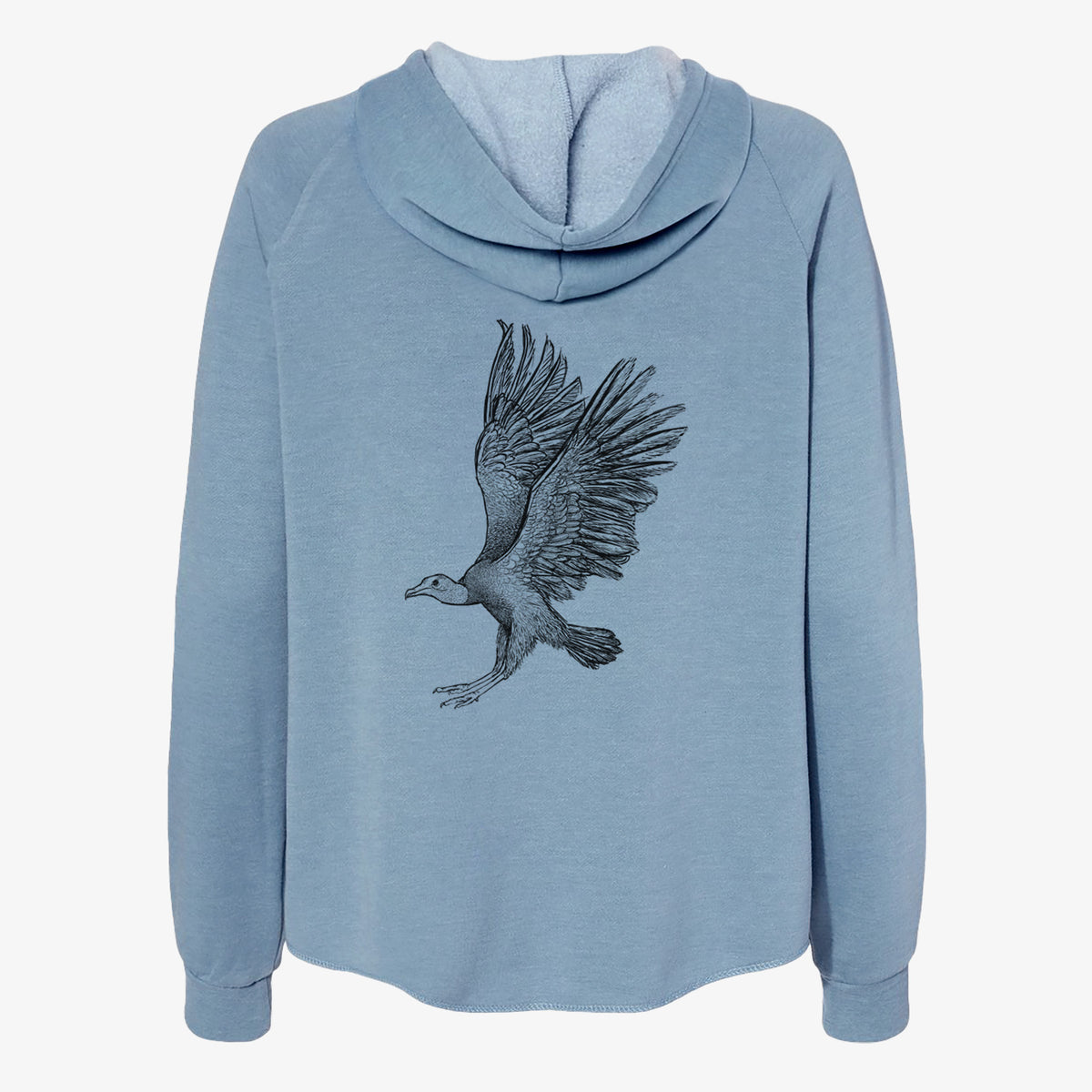 Misty blue women's Cali Wave zip-up sweatshirt laid flat, printed with a detailed black ink illustration of a black vulture landing with its wings spread.
