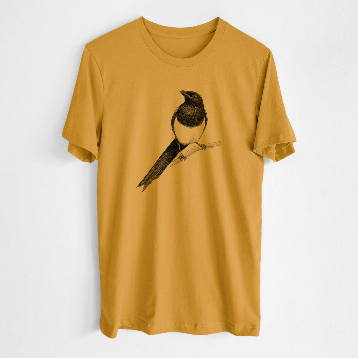 Honeycomb yellow lightweight cotton t-shirt laid flat, printed with a detailed black ink sketch of a black-billed magpie perched on a branch with its long tail.