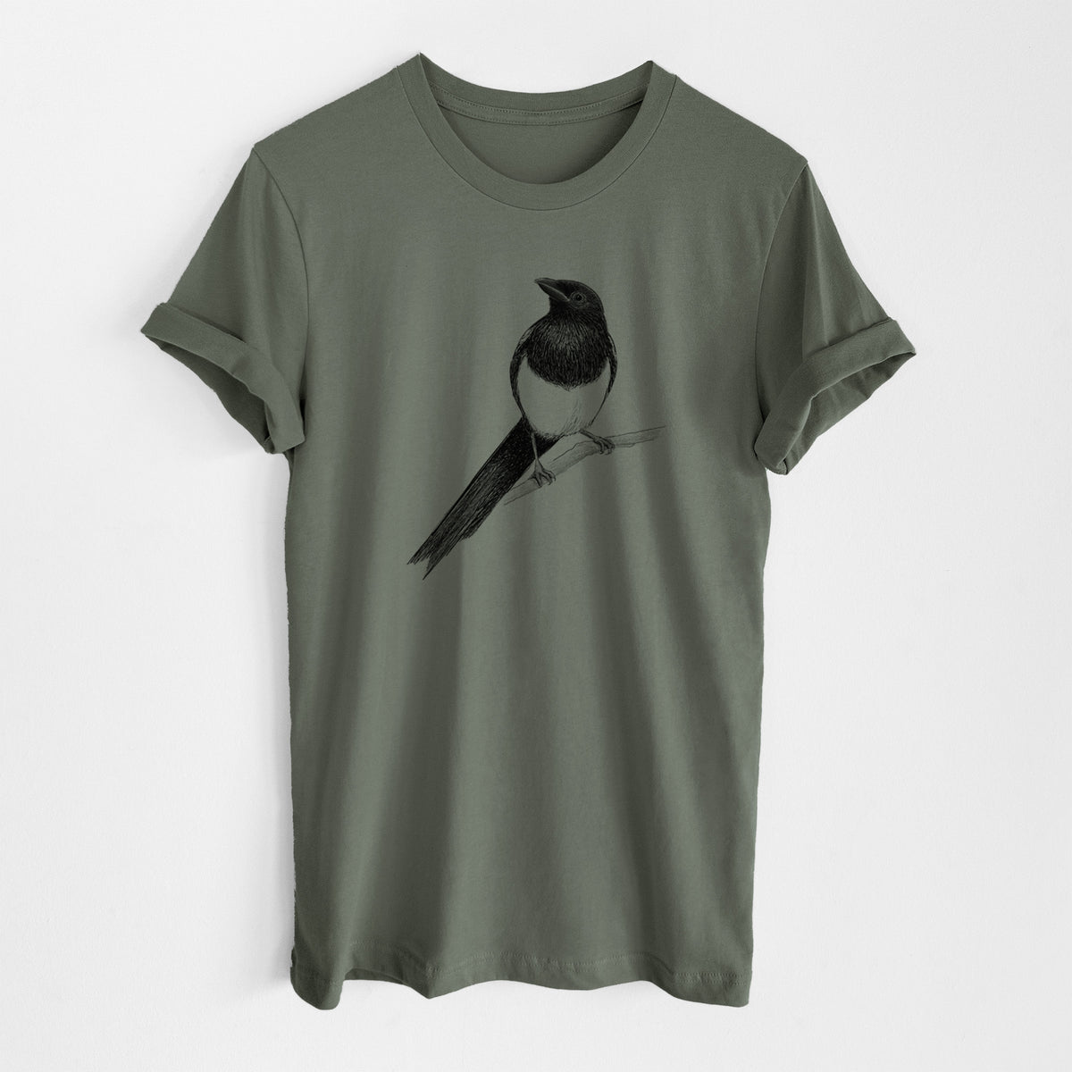 Military green lightweight cotton t-shirt laid flat, printed with a detailed black ink sketch of a black-billed magpie perched on a branch with its long tail.