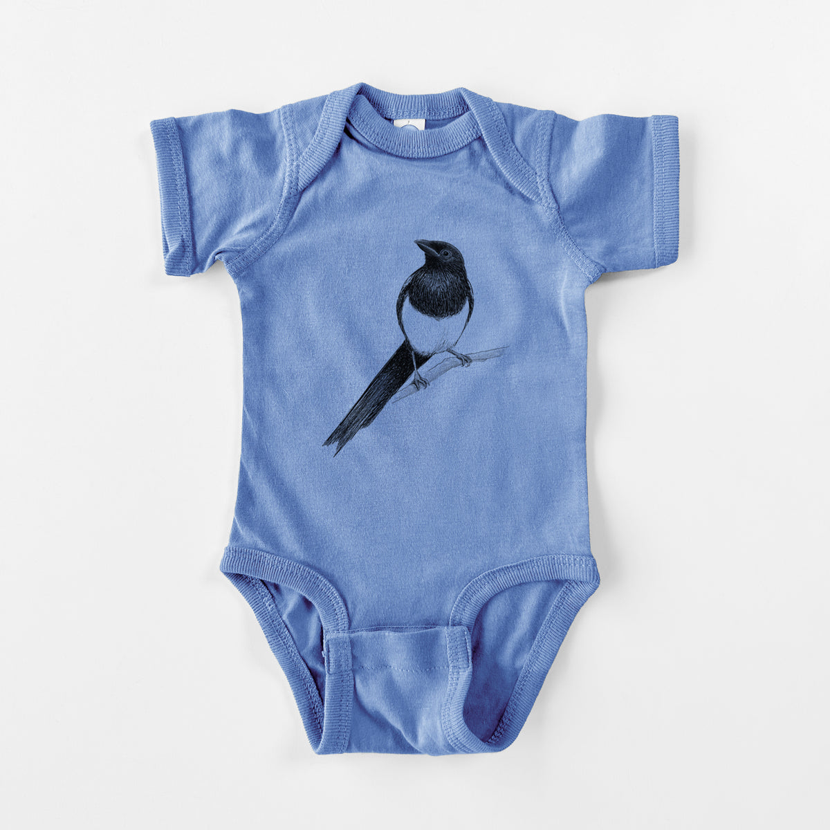 Carolina blue baby bodysuit laid flat, printed with a detailed black ink sketch of a black-billed magpie perched on a branch with its long tail.